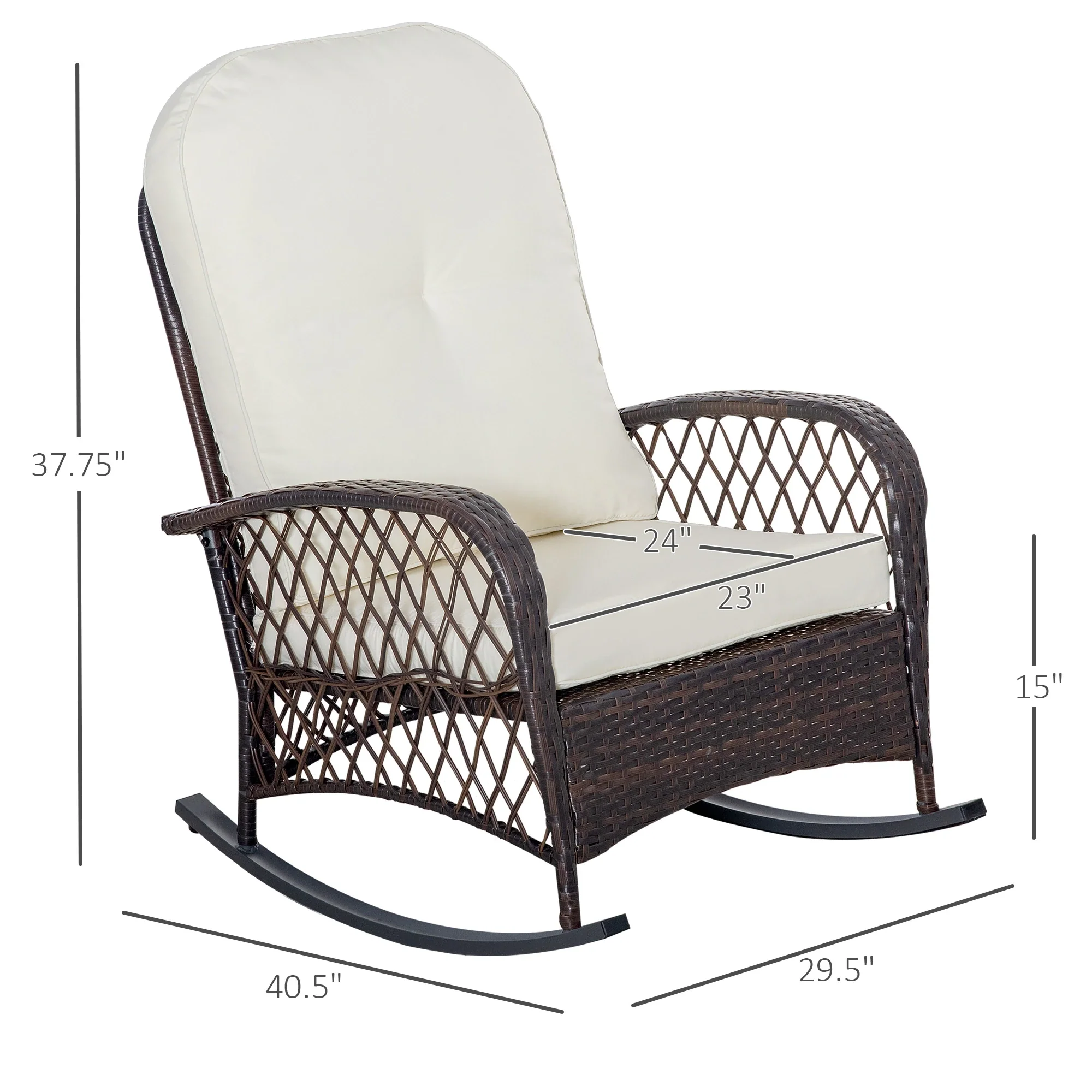 Rattan Rocking Chair, Outdoor Wicker Patio Furniture with Cushions, Cream White - Image 3