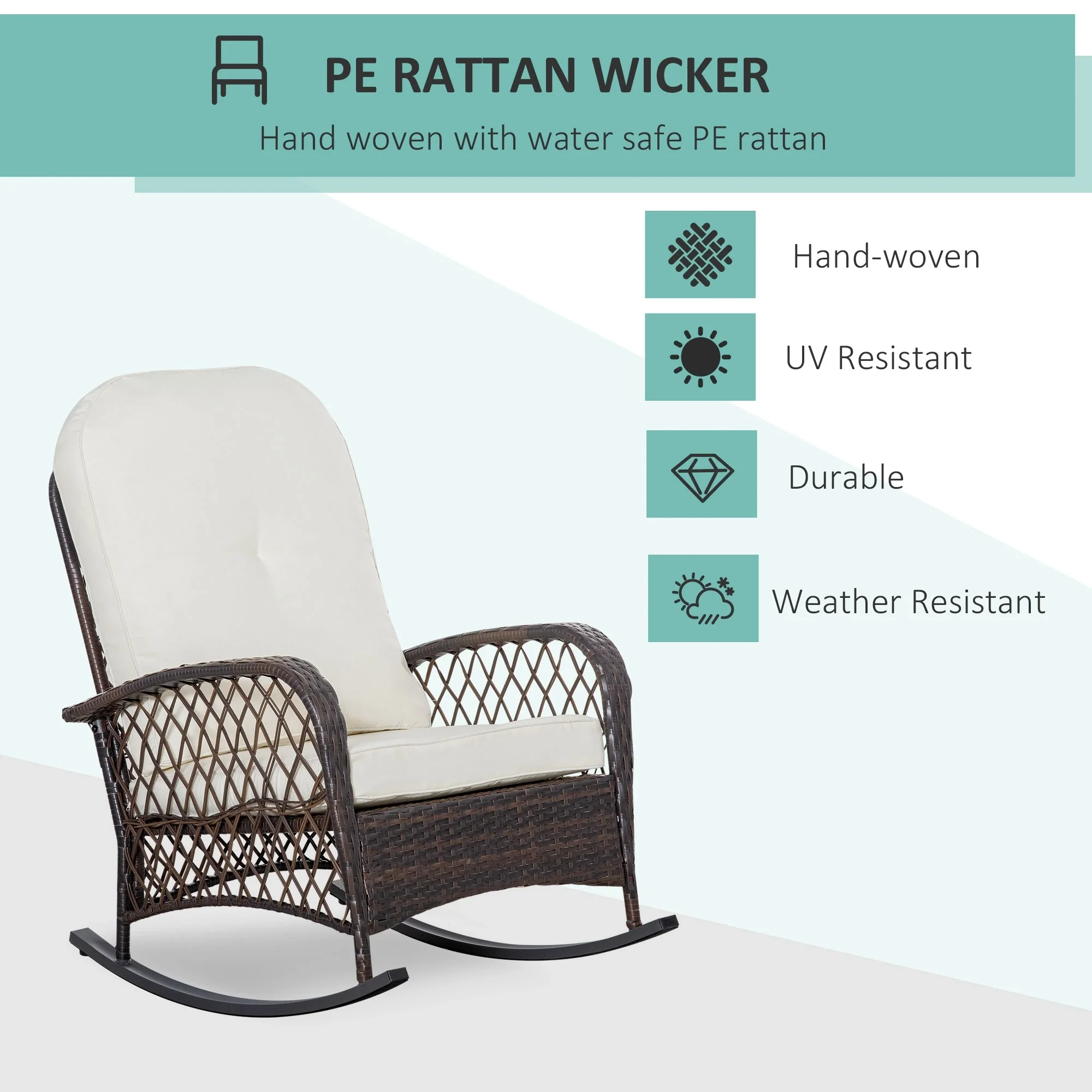 Rattan Rocking Chair, Outdoor Wicker Patio Furniture with Cushions, Cream White - Image 4