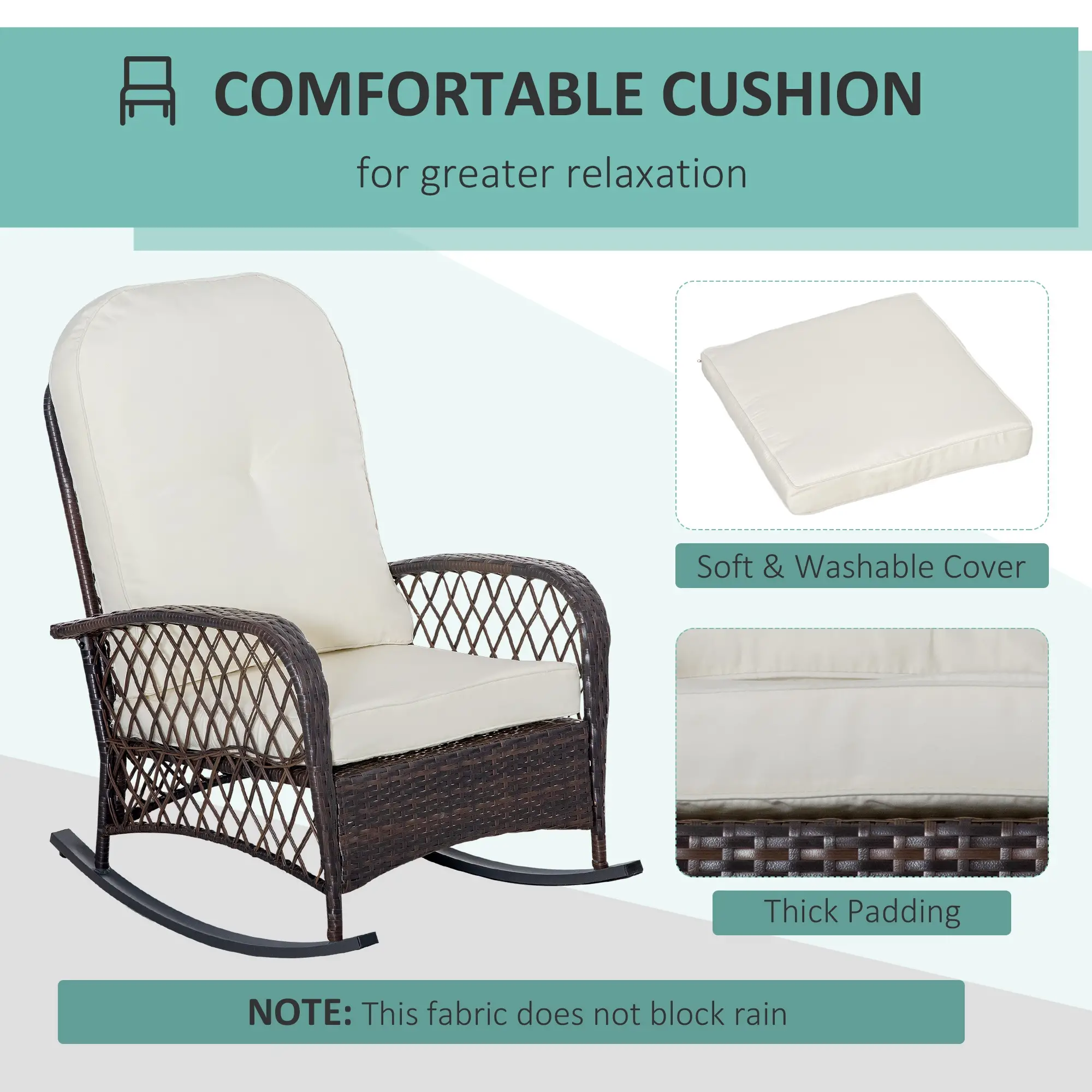 Rattan Rocking Chair, Outdoor Wicker Patio Furniture with Cushions, Cream White - Image 5