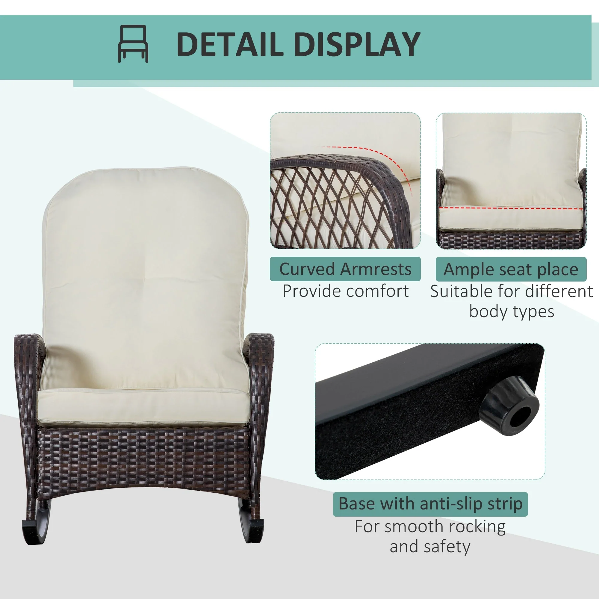 Rattan Rocking Chair, Outdoor Wicker Patio Furniture with Cushions, Cream White - Image 6