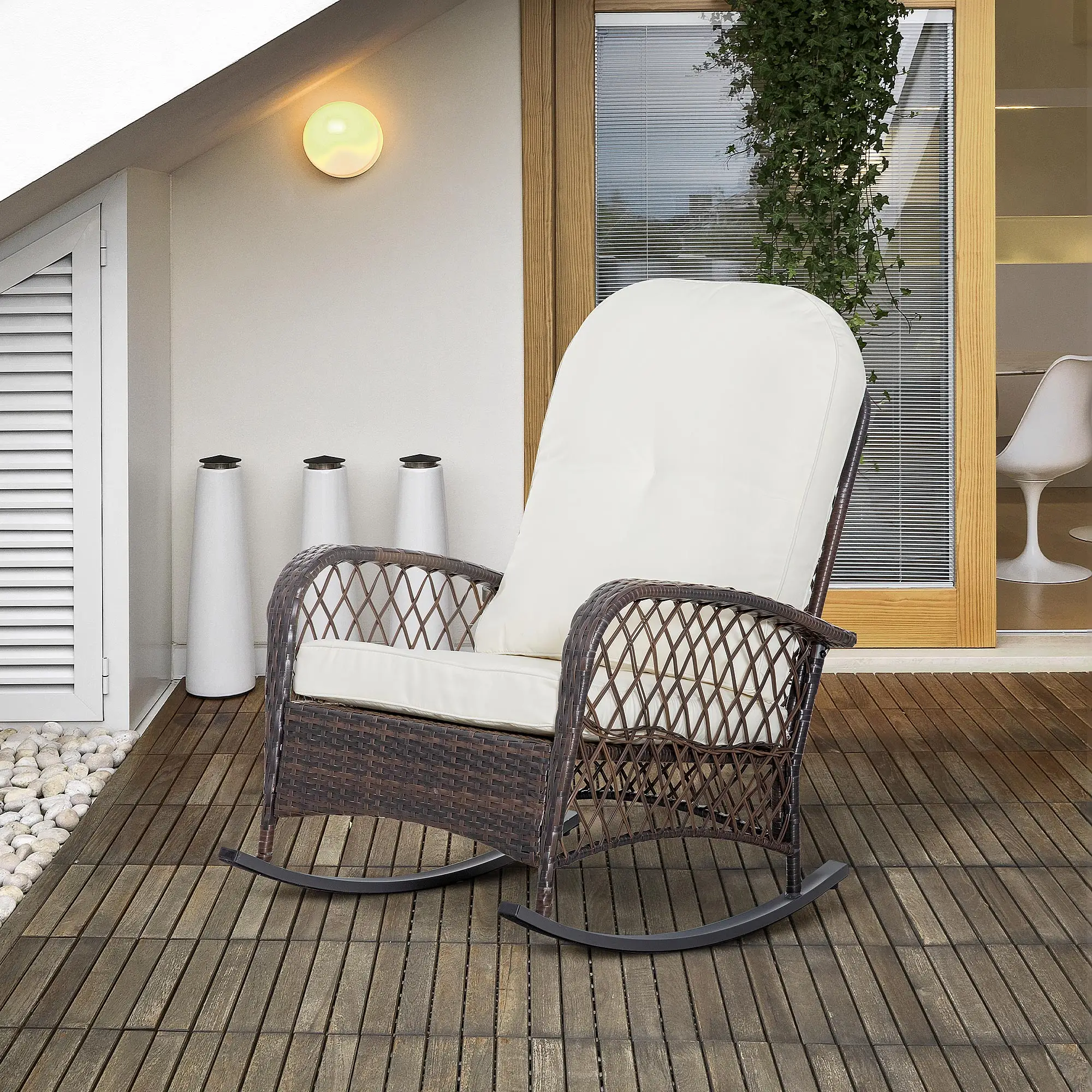 Rattan Rocking Chair, Outdoor Wicker Patio Furniture with Cushions, Cream White - Image 8