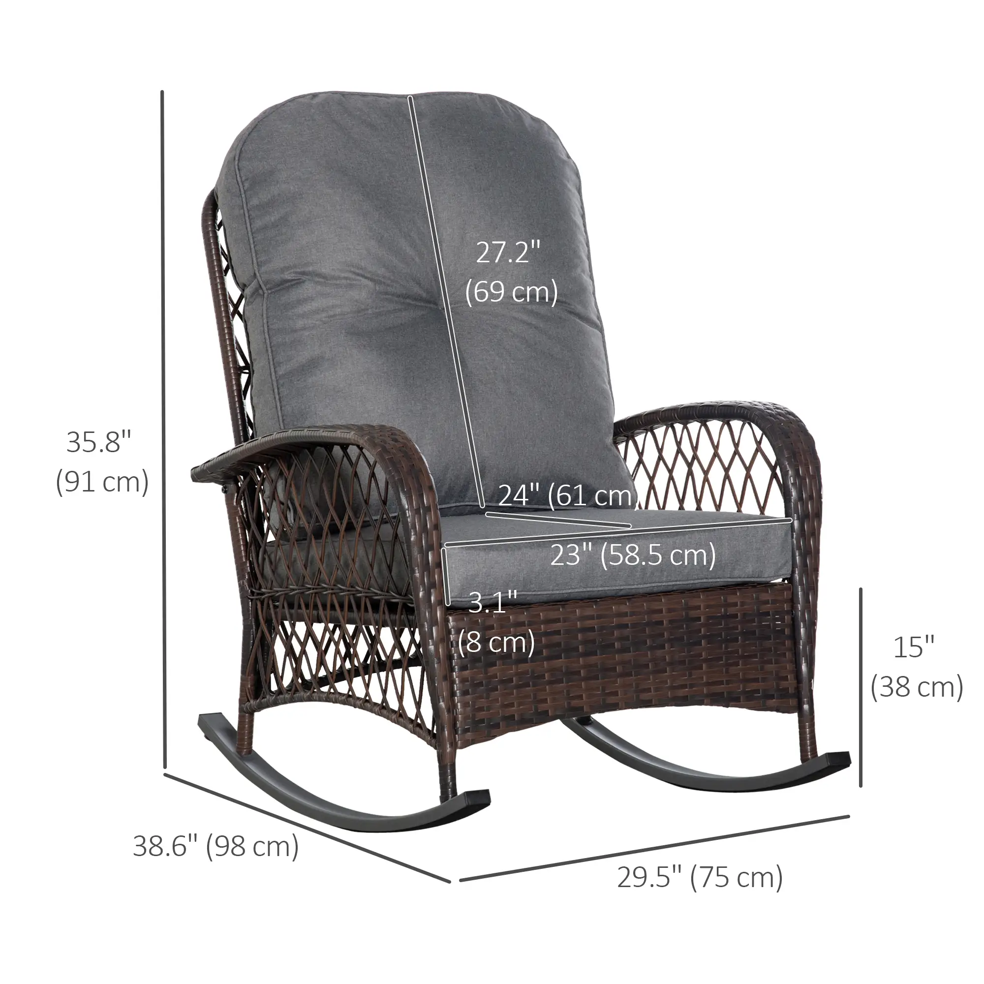 Rattan Rocking Chair, Outdoor Wicker Patio Rocker with Cushions, Grey - Image 3