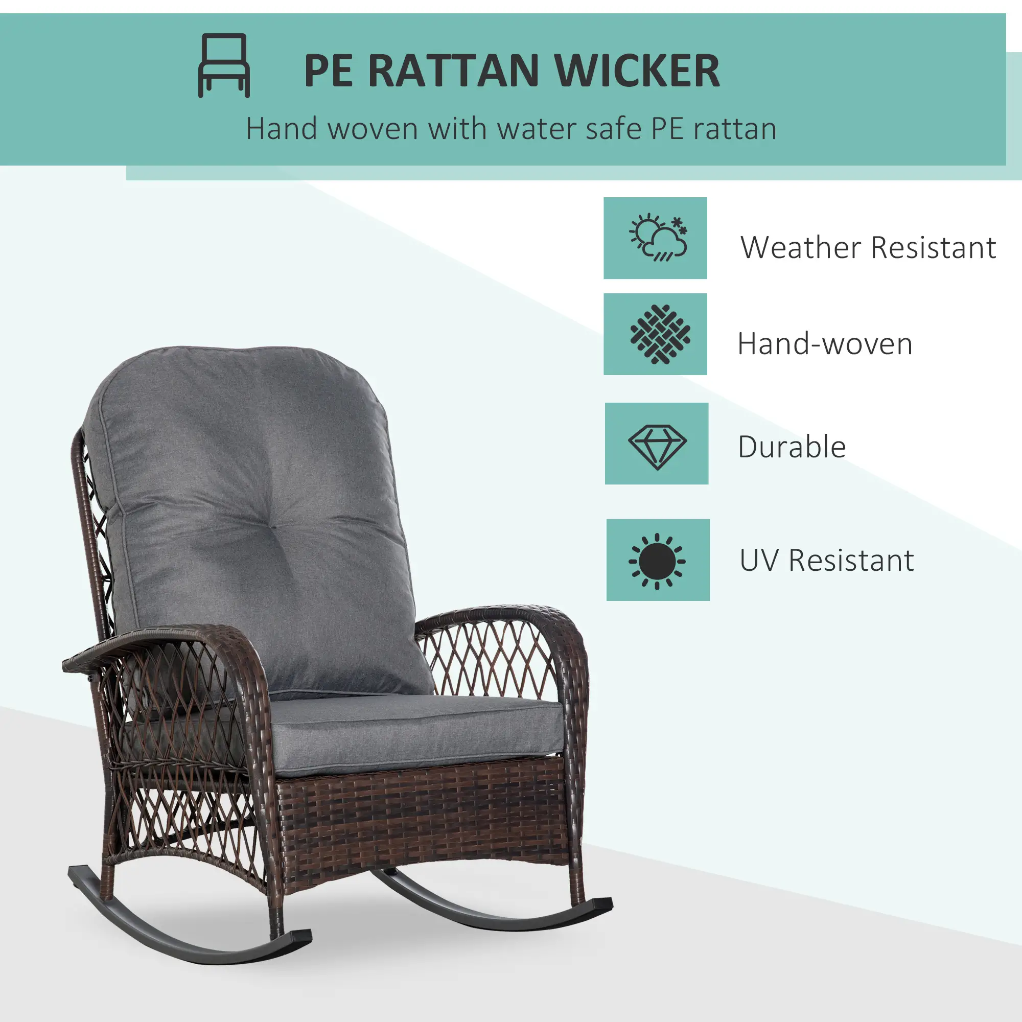 Rattan Rocking Chair, Outdoor Wicker Patio Rocker with Cushions, Grey - Image 4