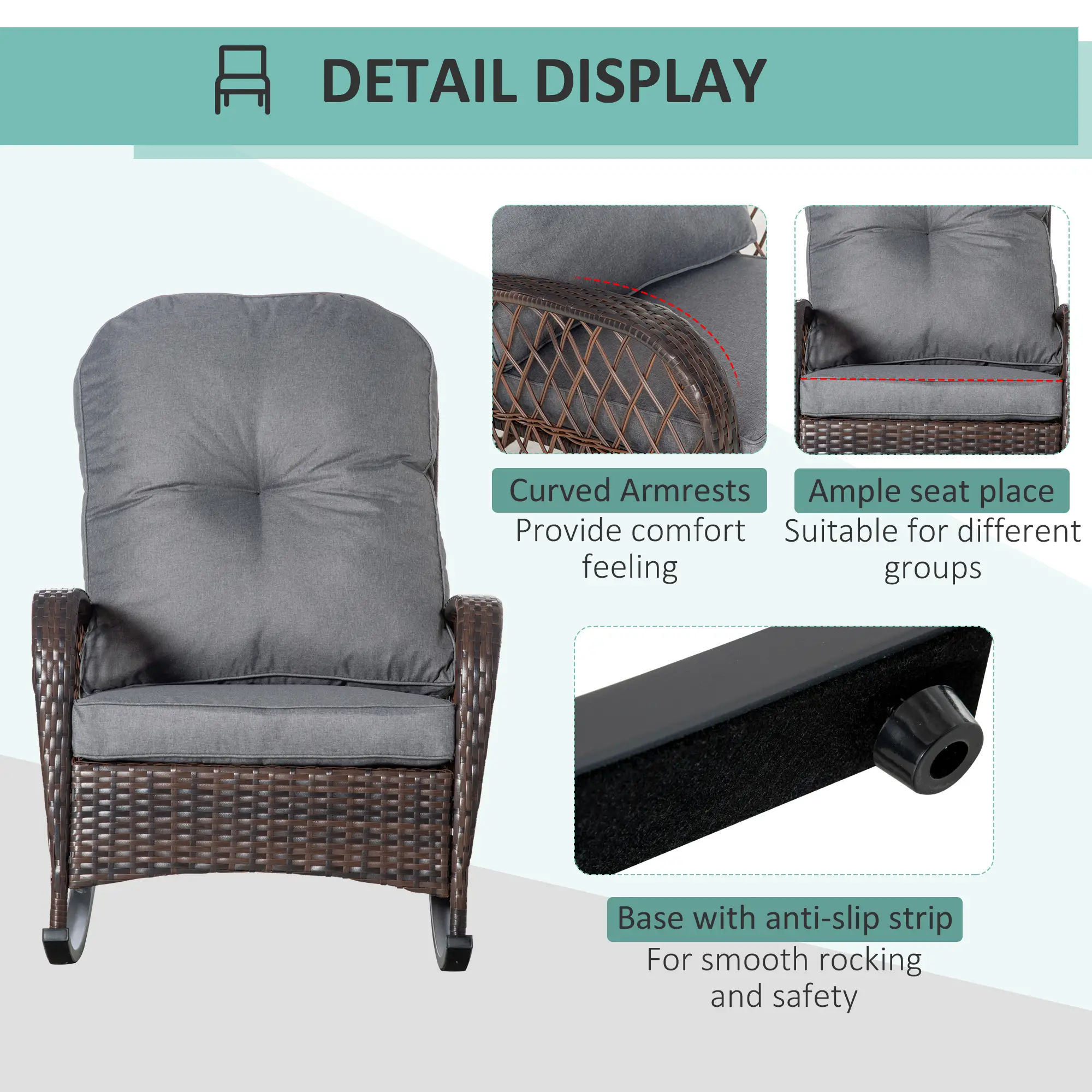 Rattan Rocking Chair, Outdoor Wicker Patio Rocker with Cushions, Grey - Image 6