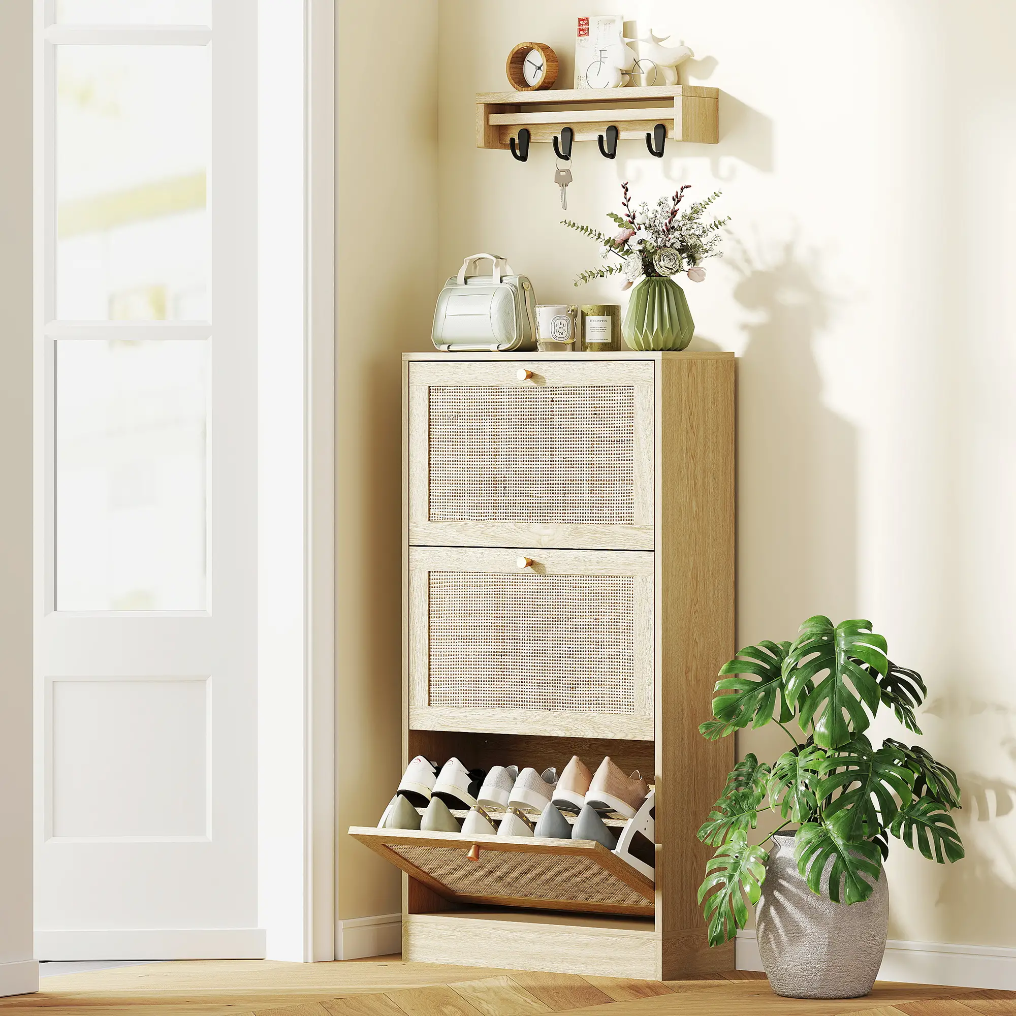 Rattan Shoe Cabinet, 3 Flip Drawers, Adjustable Shelves, 18 Pairs, Oak - Image 10