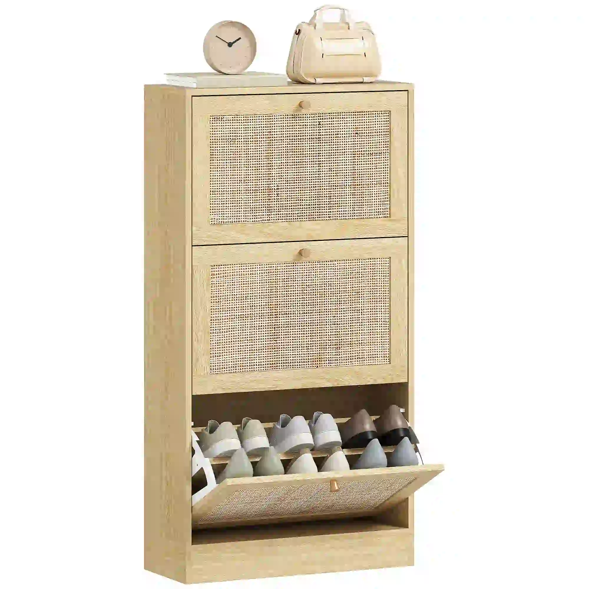 Rattan Shoe Cabinet, 3 Flip Drawers, Adjustable Shelves, 18 Pairs, Oak - Image 11