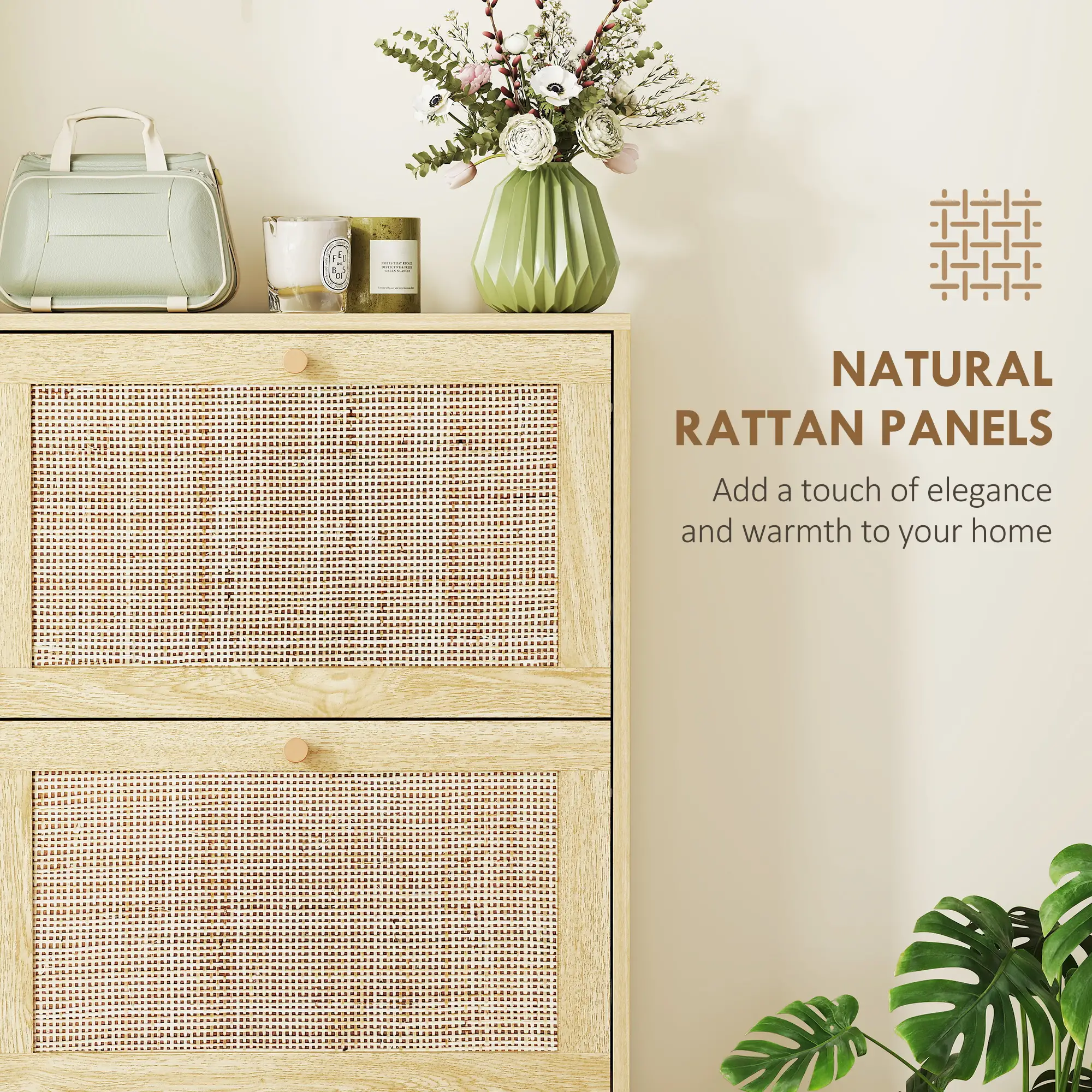 Rattan Shoe Cabinet, 3 Flip Drawers, Adjustable Shelves, 18 Pairs, Oak - Image 7