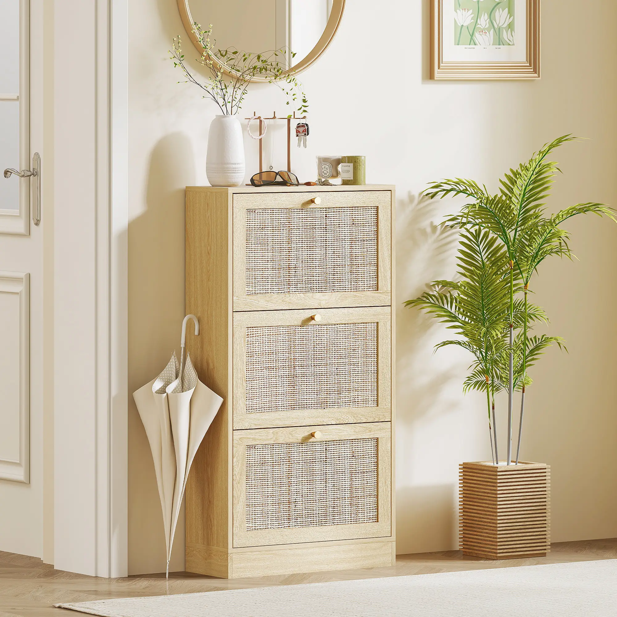 Rattan Shoe Cabinet, 3 Flip Drawers, Adjustable Shelves, 18 Pairs, Oak - Image 8