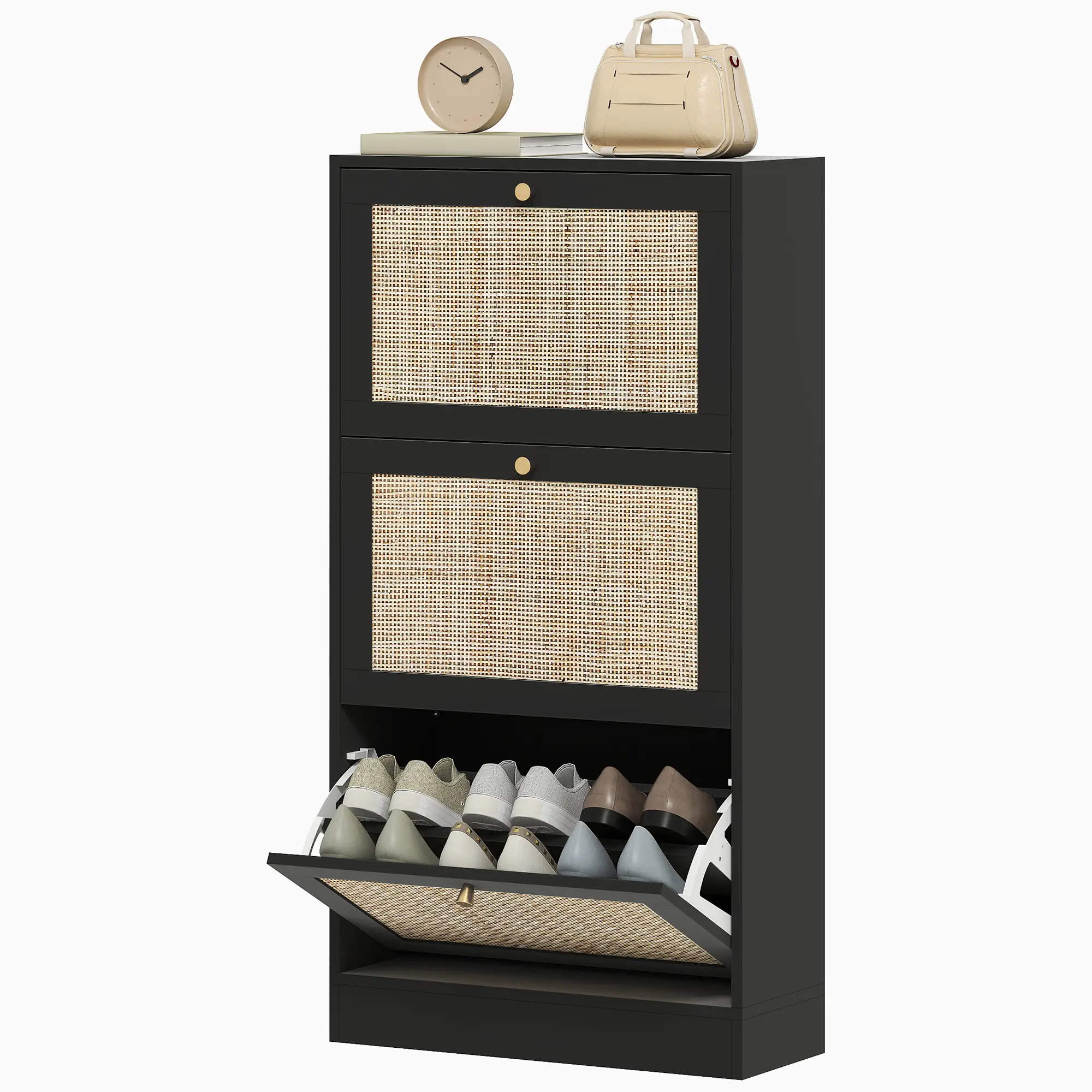 Rattan Shoe Storage Cabinet, 3 Flip Drawers, Adjustable Shelves, 18 Pairs, Black