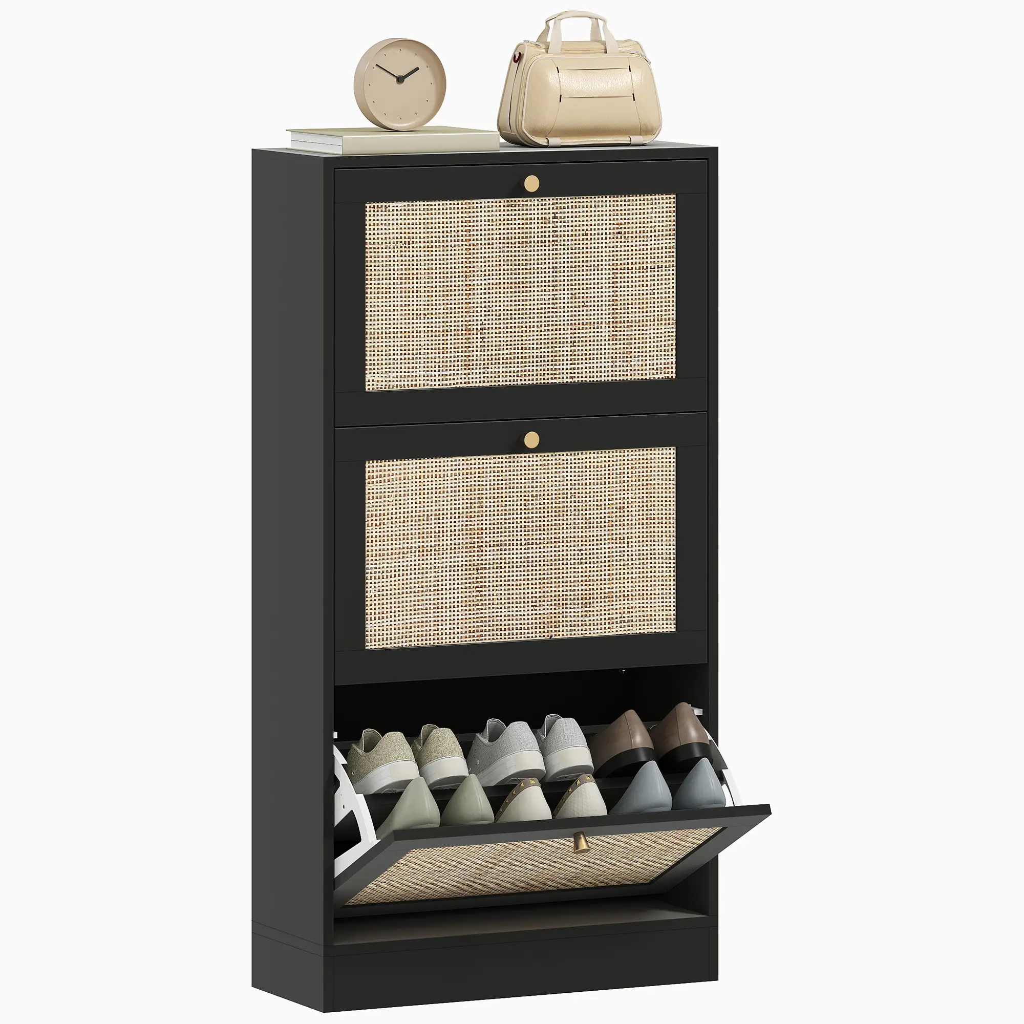 Rattan Shoe Storage Cabinet, 3 Flip Drawers, Adjustable Shelves, 18 Pairs, Black - Image 11
