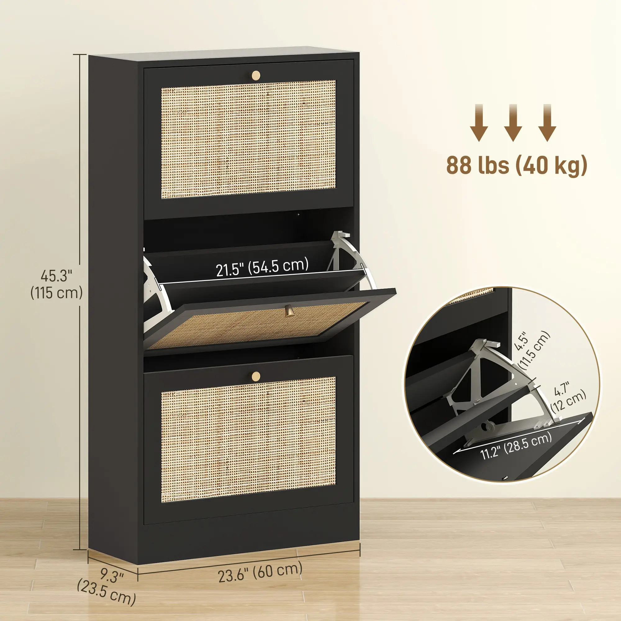 Rattan Shoe Storage Cabinet, 3 Flip Drawers, Adjustable Shelves, 18 Pairs, Black - Image 3