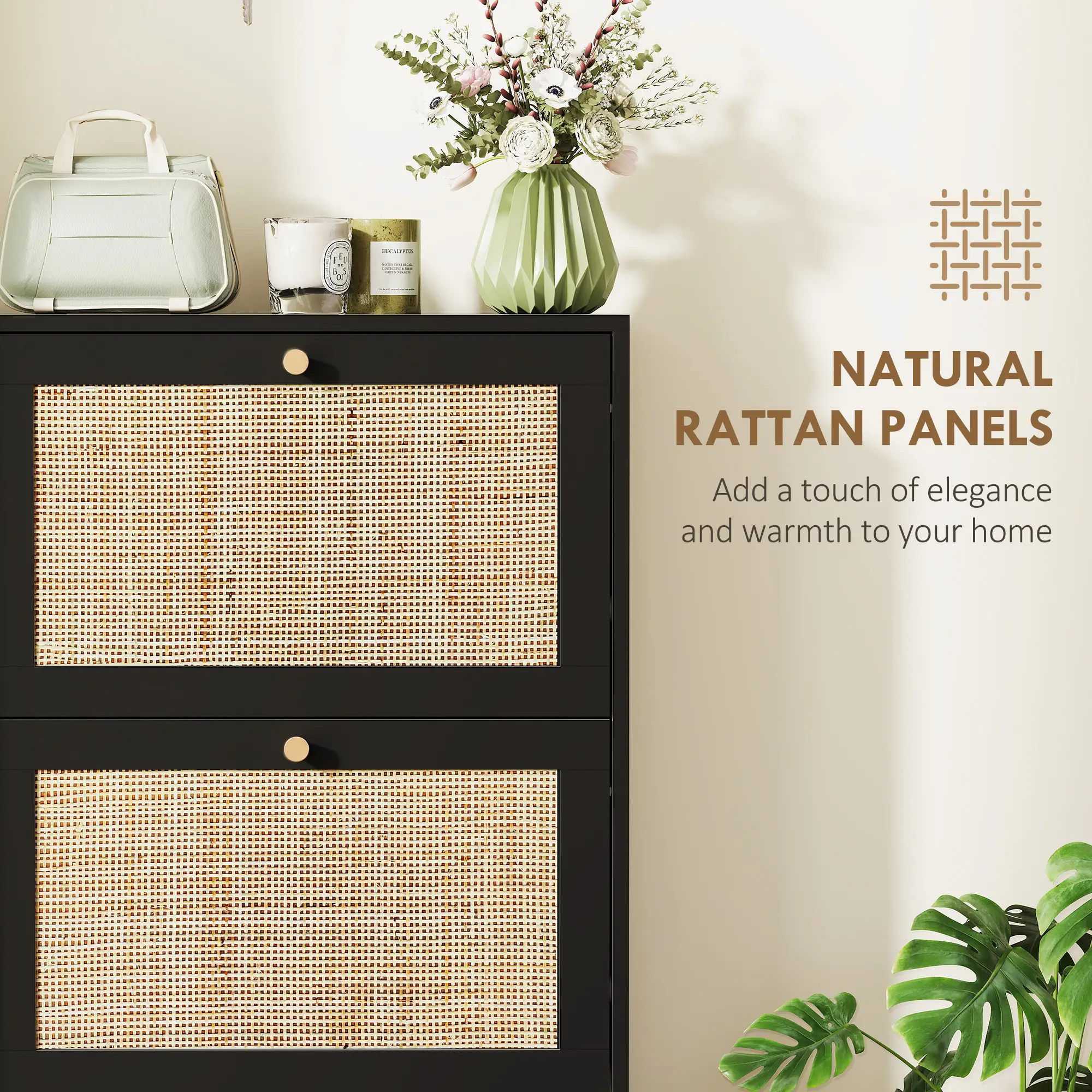 Rattan Shoe Storage Cabinet, 3 Flip Drawers, Adjustable Shelves, 18 Pairs, Black - Image 6