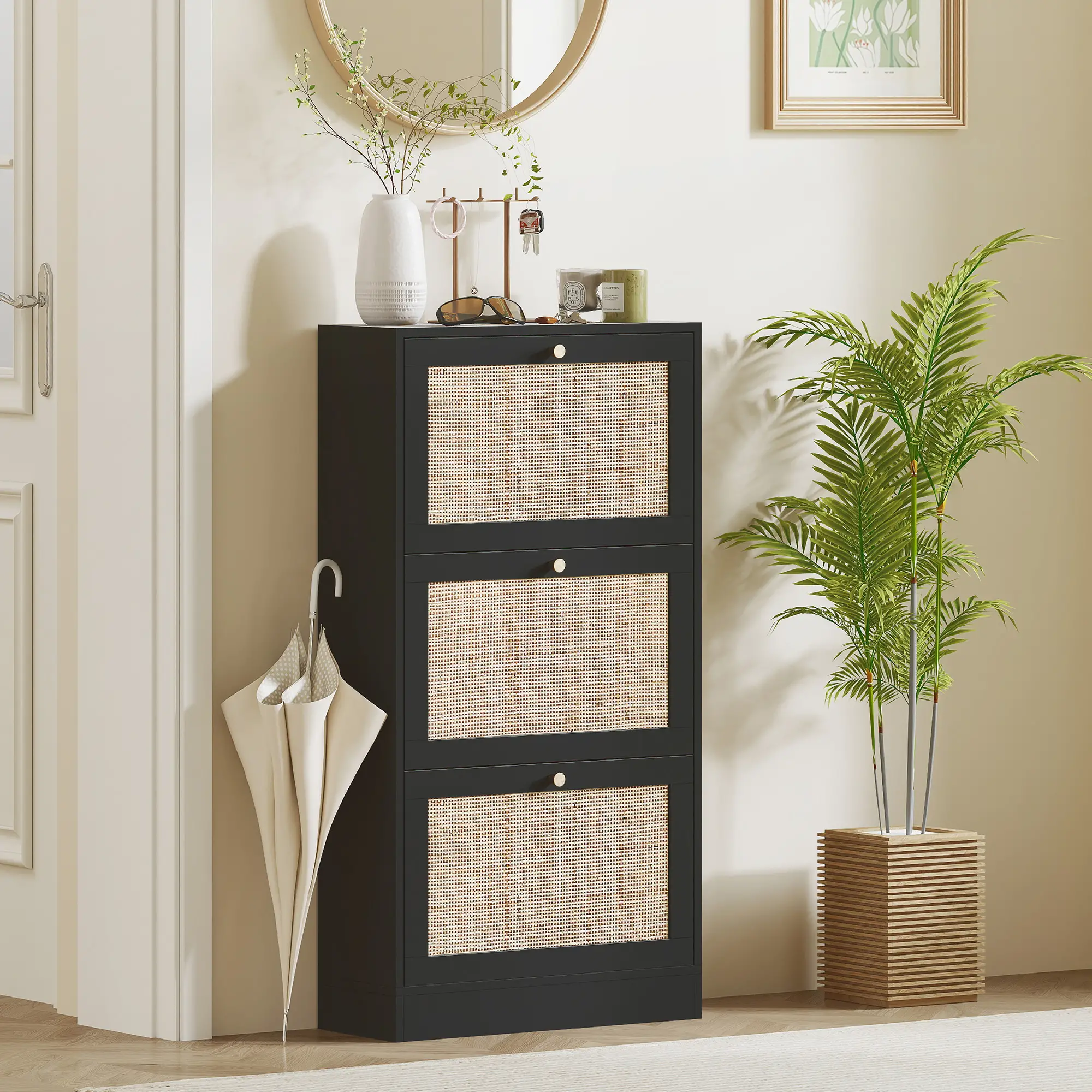 Rattan Shoe Storage Cabinet, 3 Flip Drawers, Adjustable Shelves, 18 Pairs, Black - Image 8