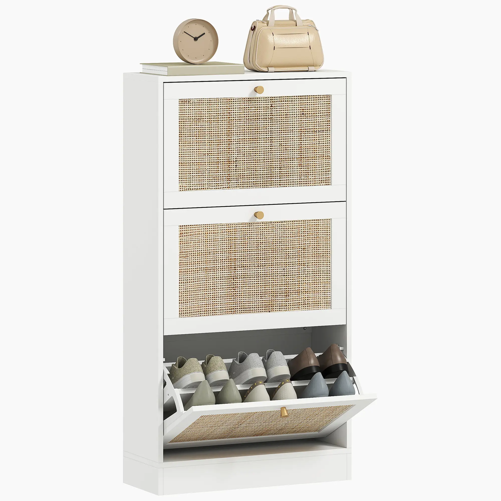 Rattan Shoe Storage Cabinet, 3 Flip Drawers, Adjustable Shelves, 18 Pairs, White - Image 11