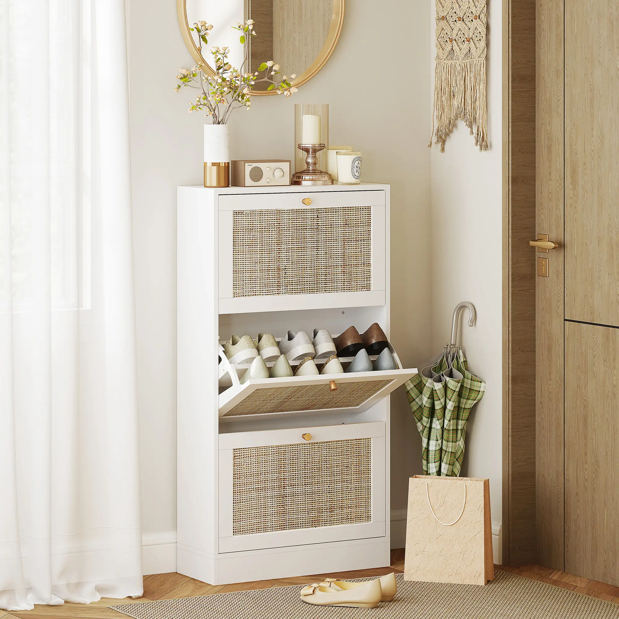 Rattan Shoe Storage Cabinet, 3 Flip Drawers, Adjustable Shelves, 18 Pairs, White - Image 2