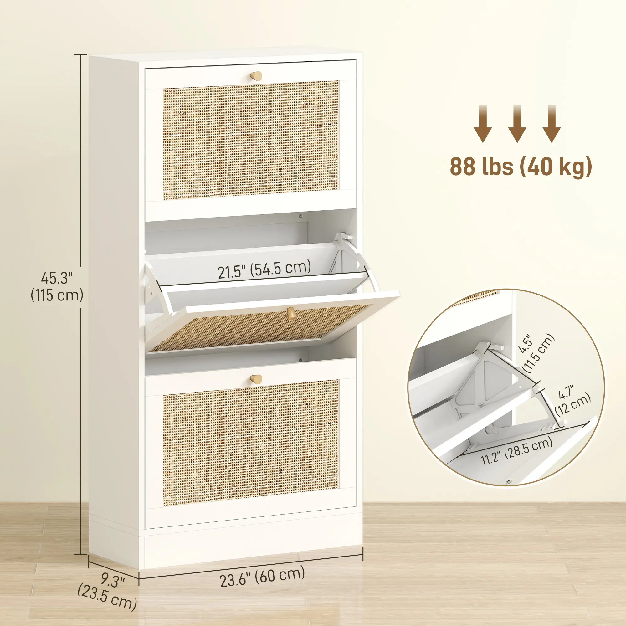 Rattan Shoe Storage Cabinet, 3 Flip Drawers, Adjustable Shelves, 18 Pairs, White - Image 3