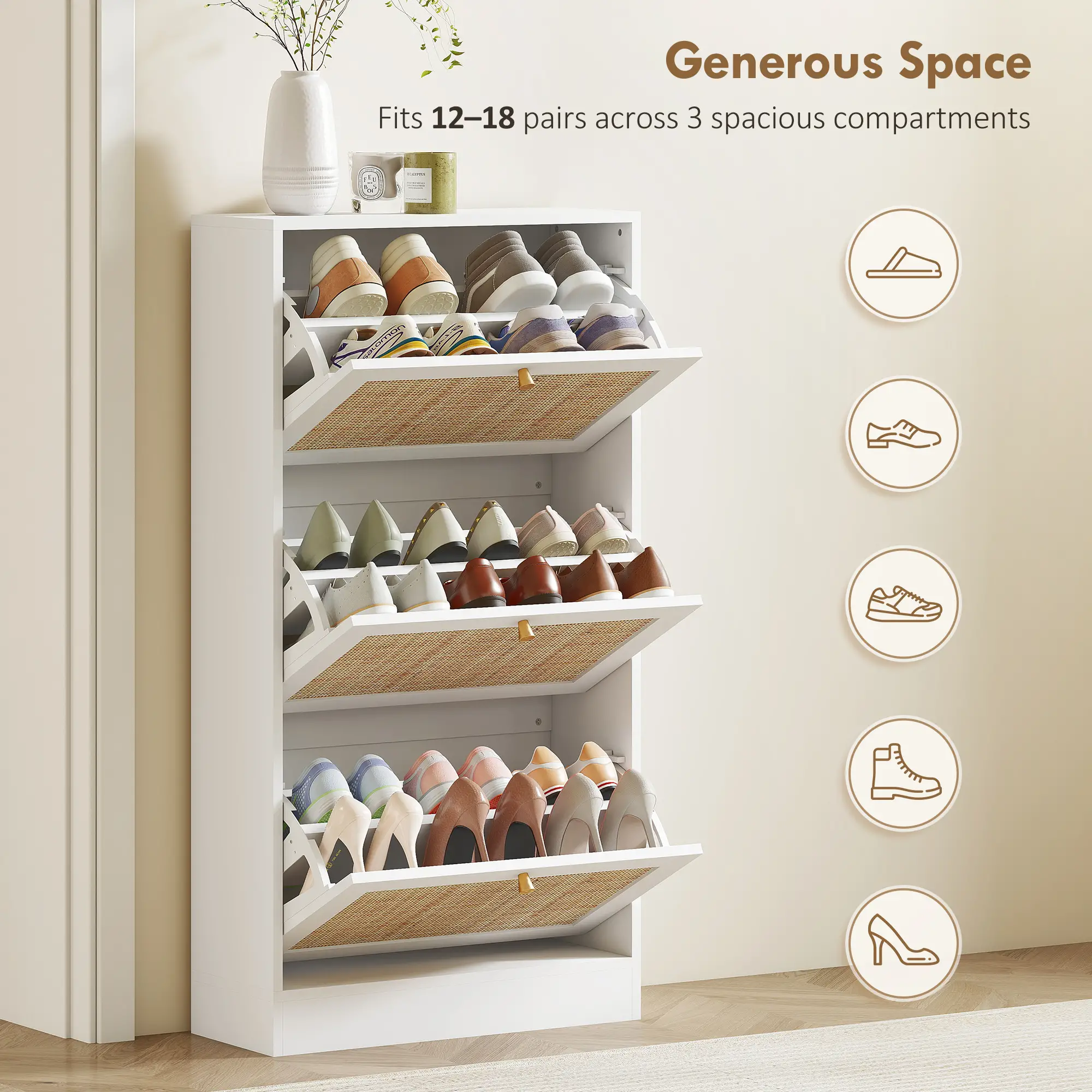 Rattan Shoe Storage Cabinet, 3 Flip Drawers, Adjustable Shelves, 18 Pairs, White - Image 4
