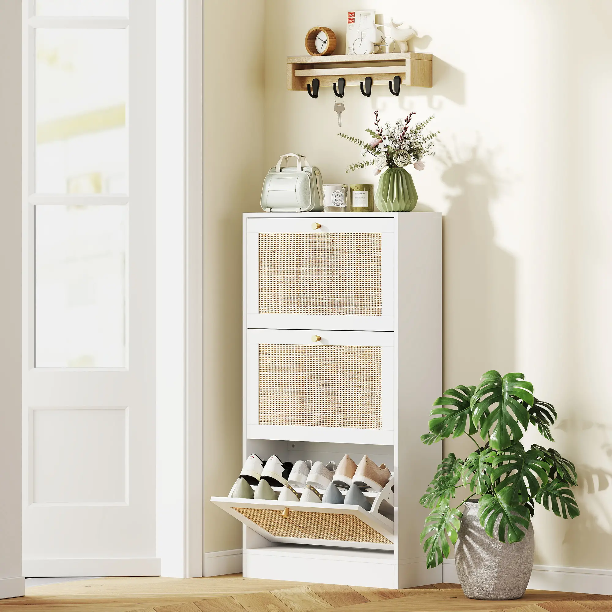 Rattan Shoe Storage Cabinet, 3 Flip Drawers, Adjustable Shelves, 18 Pairs, White - Image 9