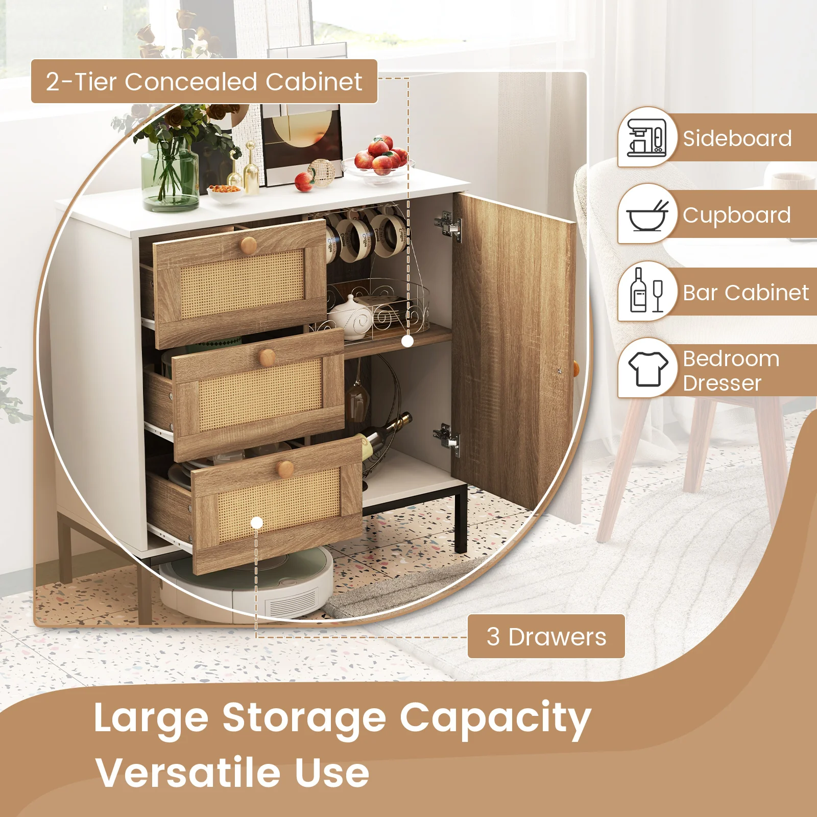 Rattan Sideboard Buffet Cabinet, 1 Door 3 Drawers, White - Image 10