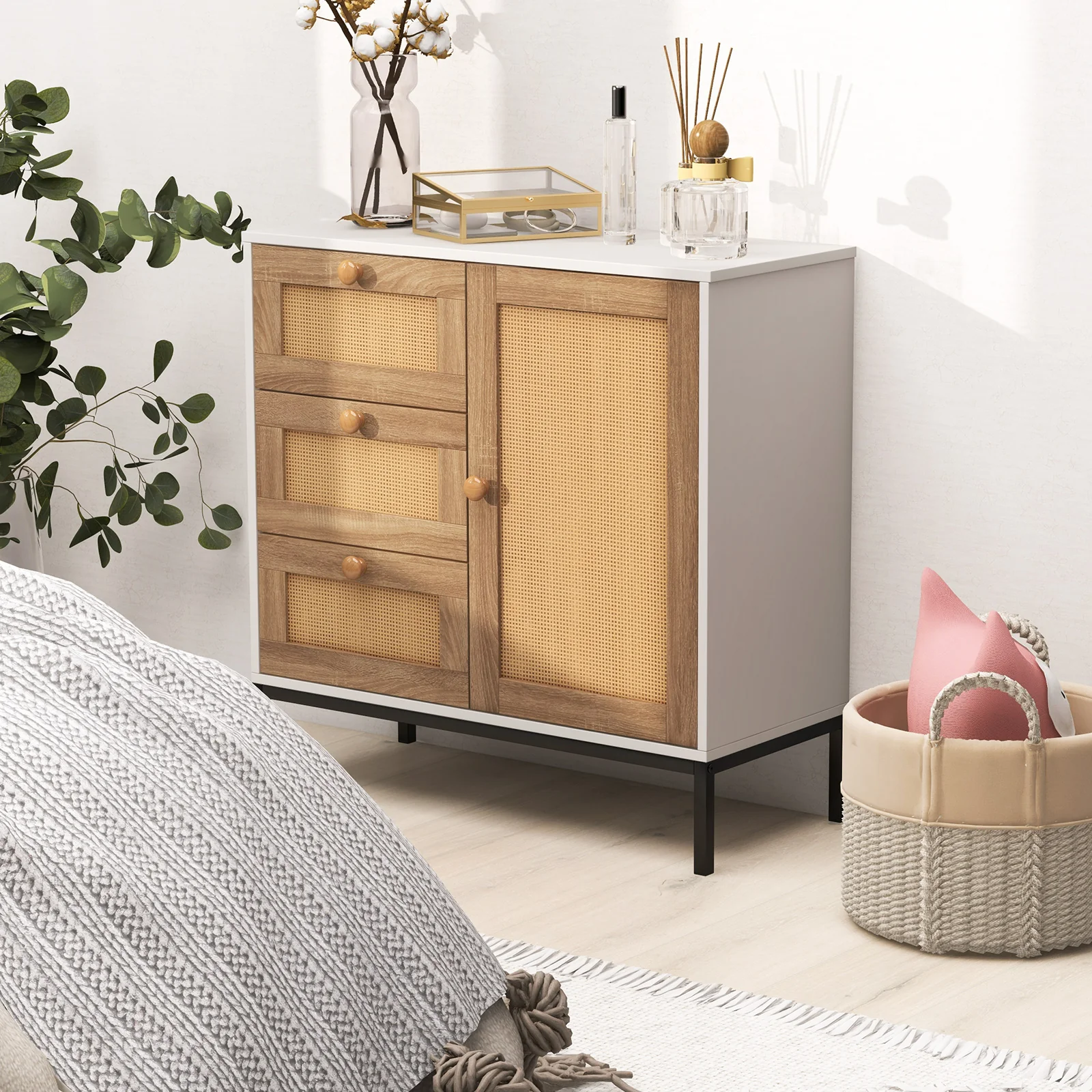 Rattan Sideboard Buffet Cabinet, 1 Door 3 Drawers, White - Image 3