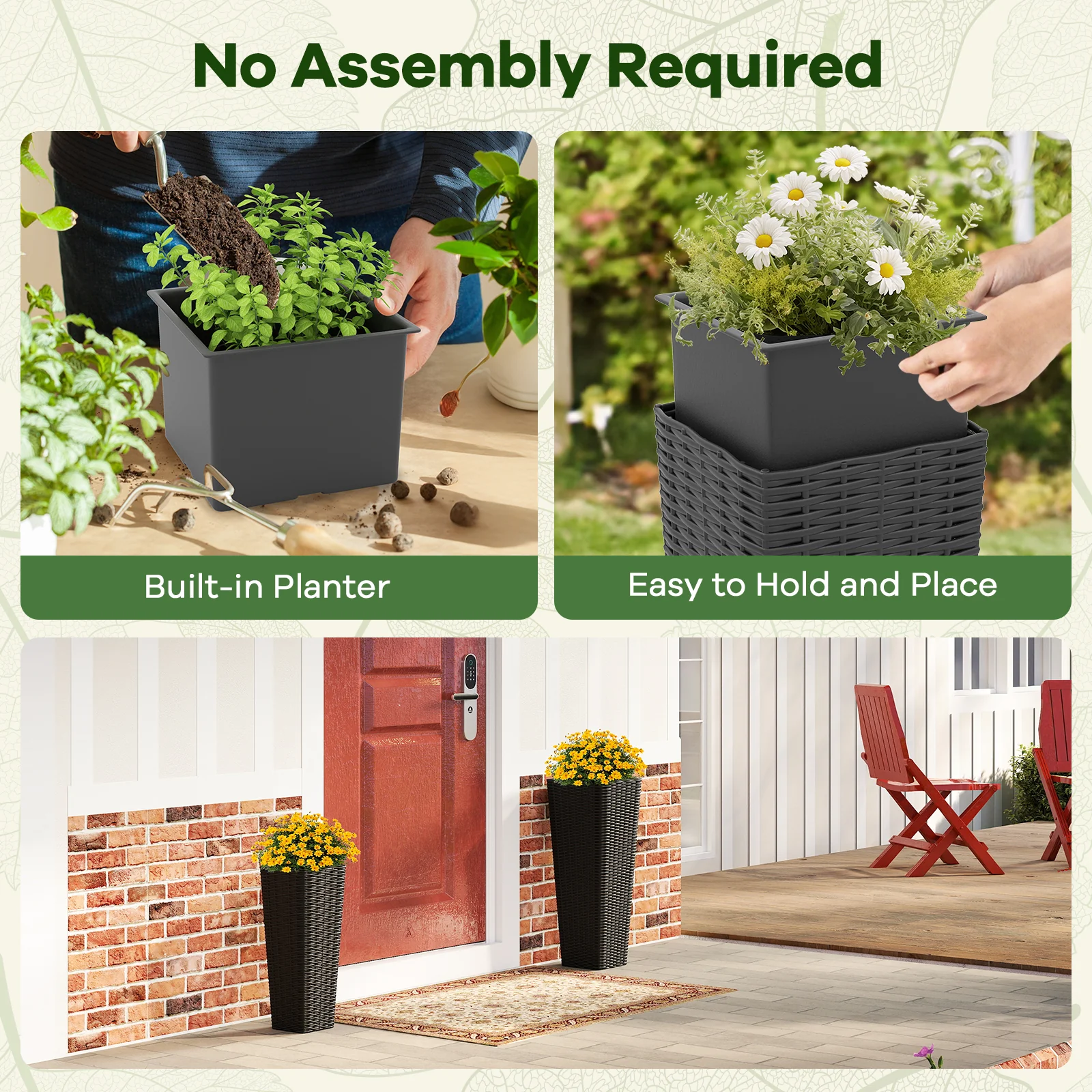 Rattan Tall Planter Set of 2 Outdoor Large Tapered Planters with Removable Inner Trays, Black - Image 10