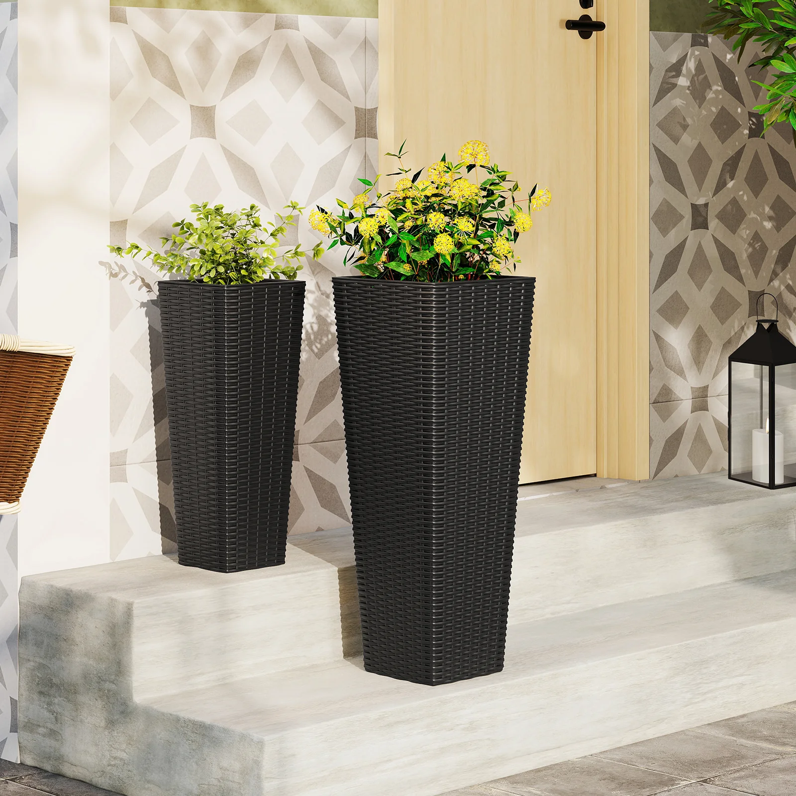 Rattan Tall Planter Set of 2 Outdoor Large Tapered Planters with Removable Inner Trays, Black - Image 2