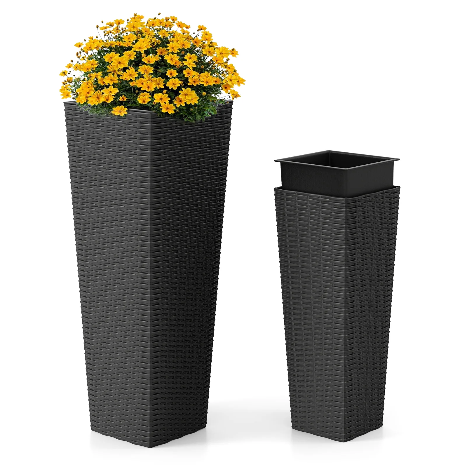 Rattan Tall Planter Set of 2 Outdoor Large Tapered Planters with Removable Inner Trays, Black - Image 4