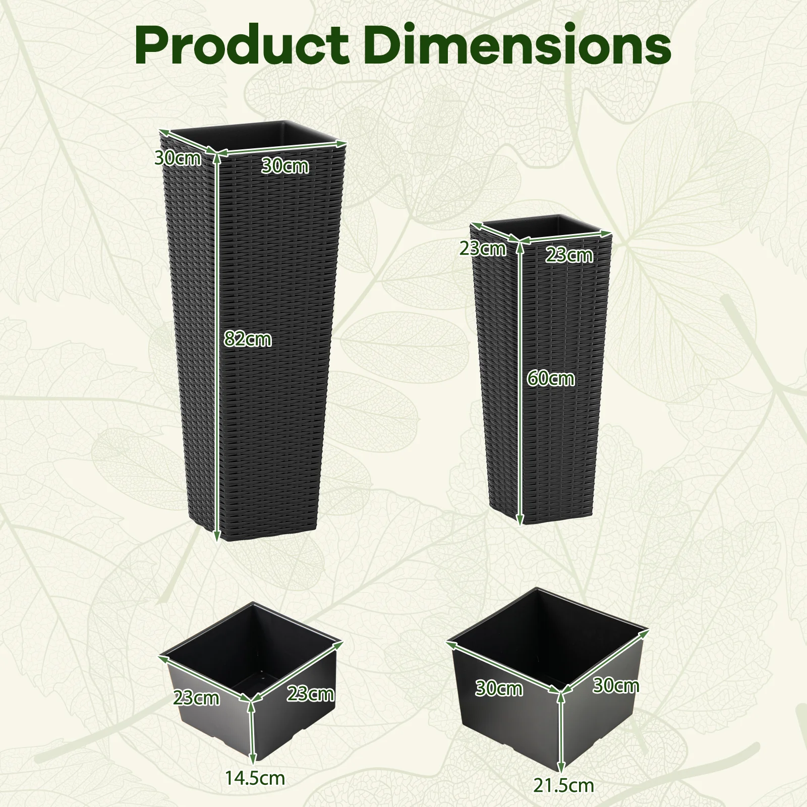 Rattan Tall Planter Set of 2 Outdoor Large Tapered Planters with Removable Inner Trays, Black - Image 5