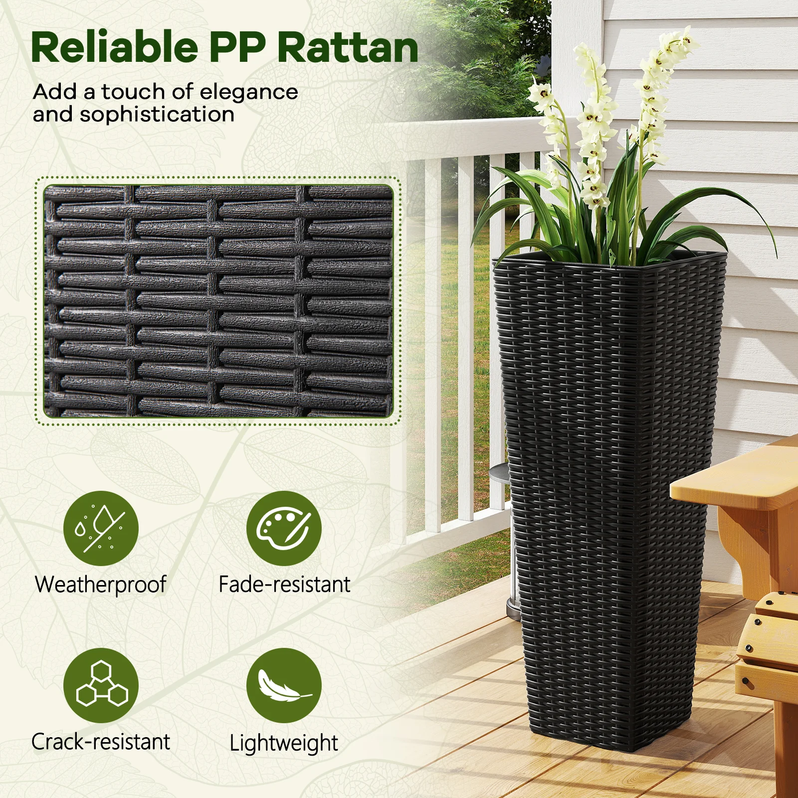 Rattan Tall Planter Set of 2 Outdoor Large Tapered Planters with Removable Inner Trays, Black - Image 8