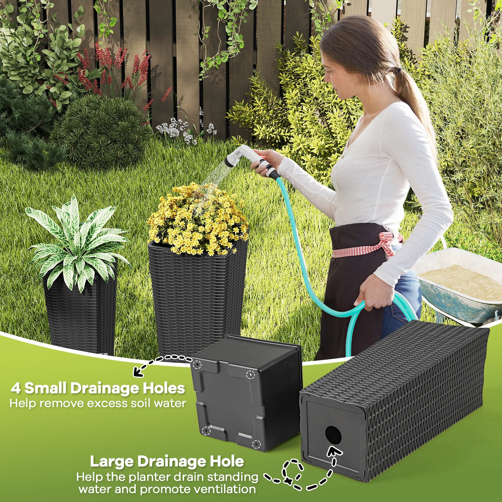 Rattan Tall Planter Set of 2 Outdoor Large Tapered Planters with Removable Inner Trays, Black - Image 9
