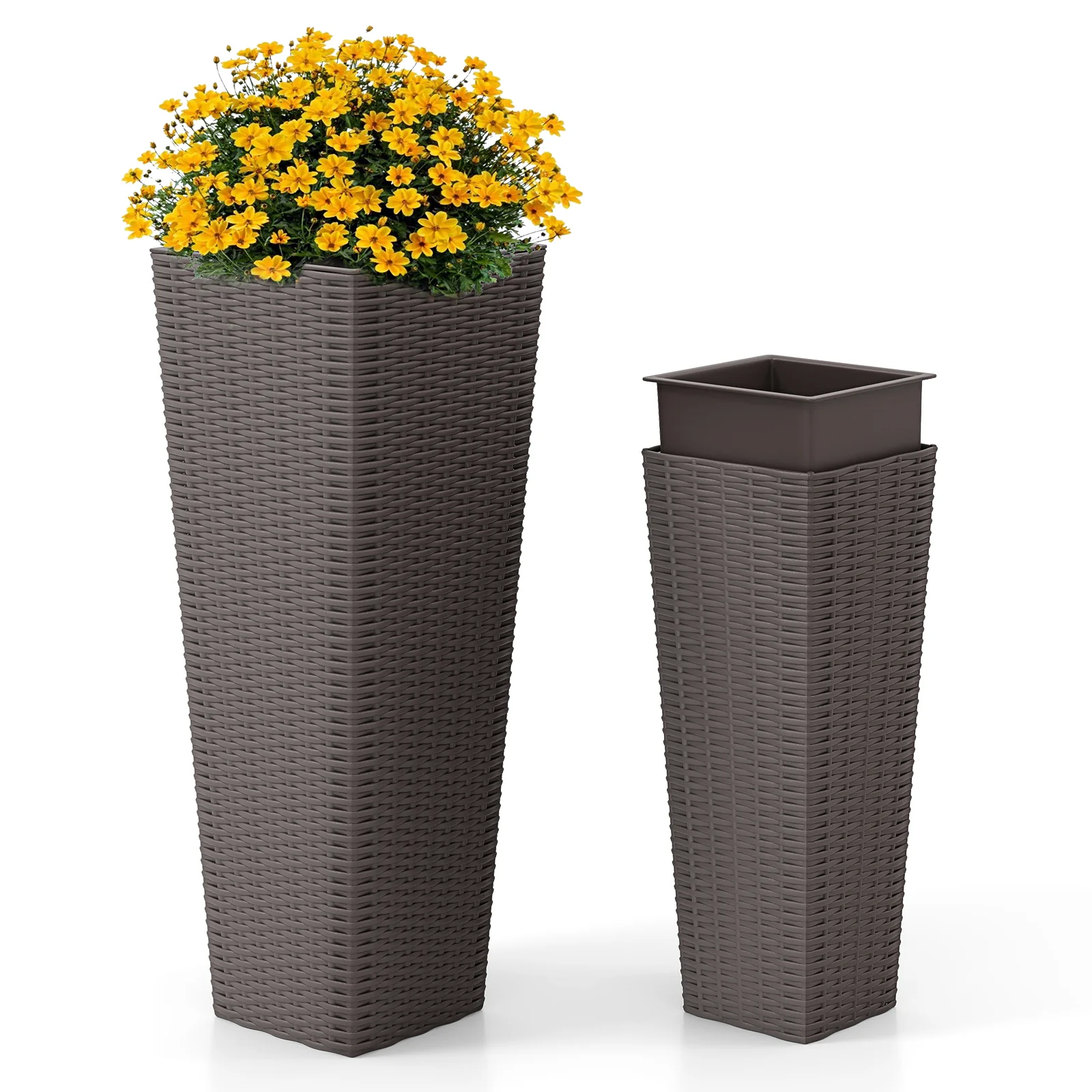Rattan Tall Planter Set of 2 Outdoor Large Tapered Planters with Removable Inner Trays, Brown