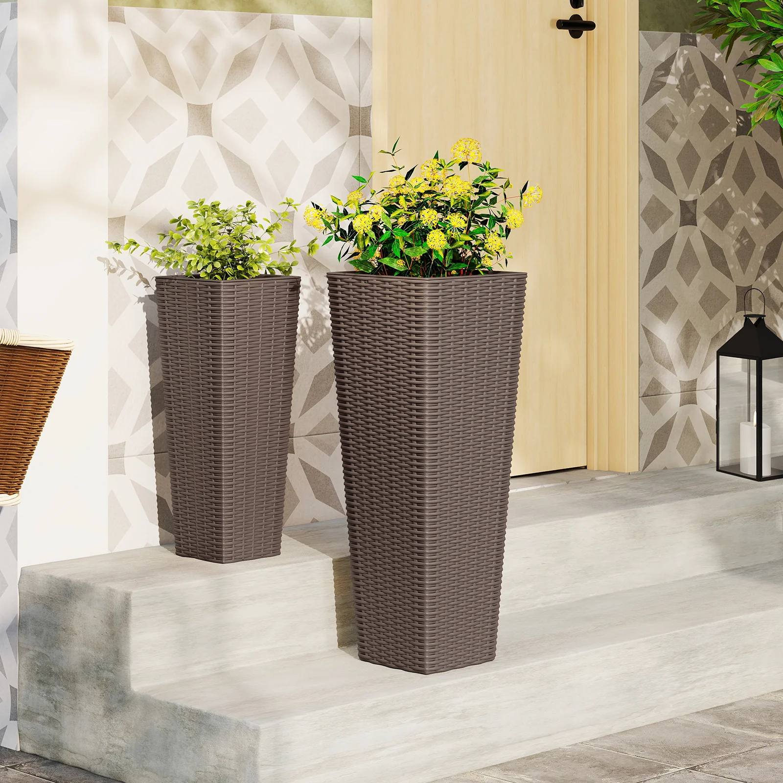 Rattan Tall Planter Set of 2 Outdoor Large Tapered Planters with Removable Inner Trays, Brown - Image 2