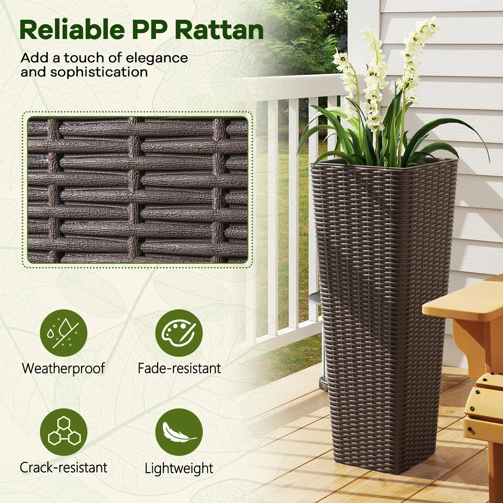 Rattan Tall Planter Set of 2 Outdoor Large Tapered Planters with Removable Inner Trays, Brown - Image 8