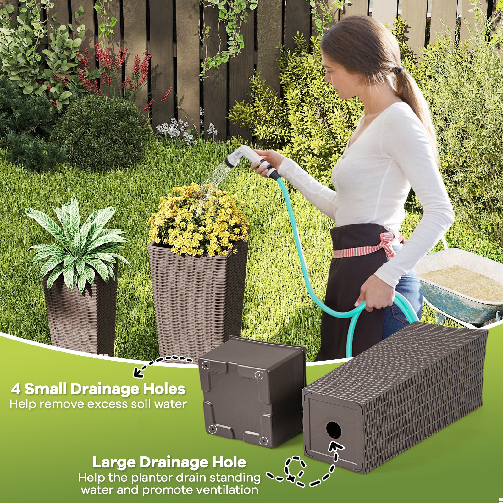 Rattan Tall Planter Set of 2 Outdoor Large Tapered Planters with Removable Inner Trays, Brown - Image 9