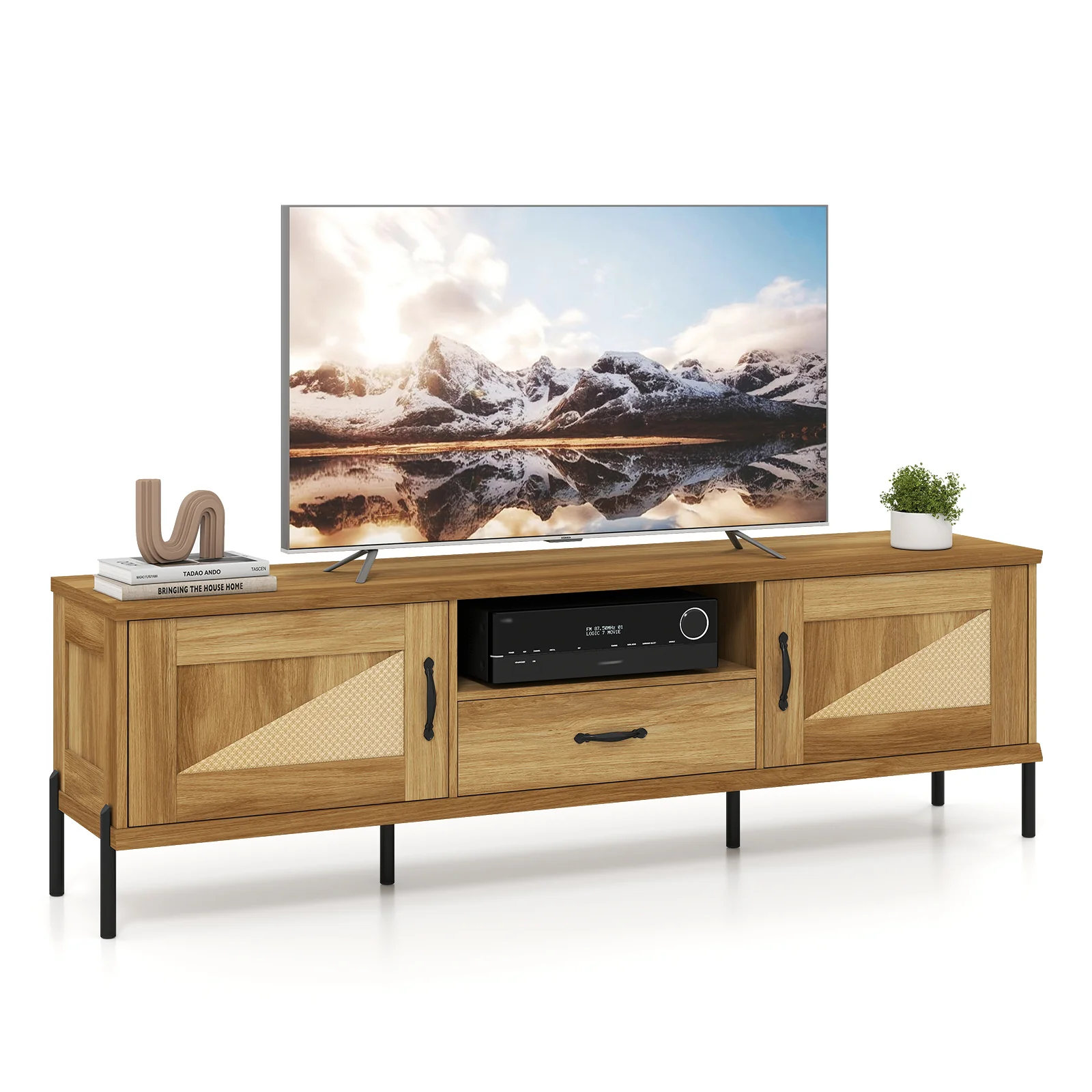 Rattan TV Stand, 80 Inch, Mid Century Modern, 2 Storage Cabinets, Natural