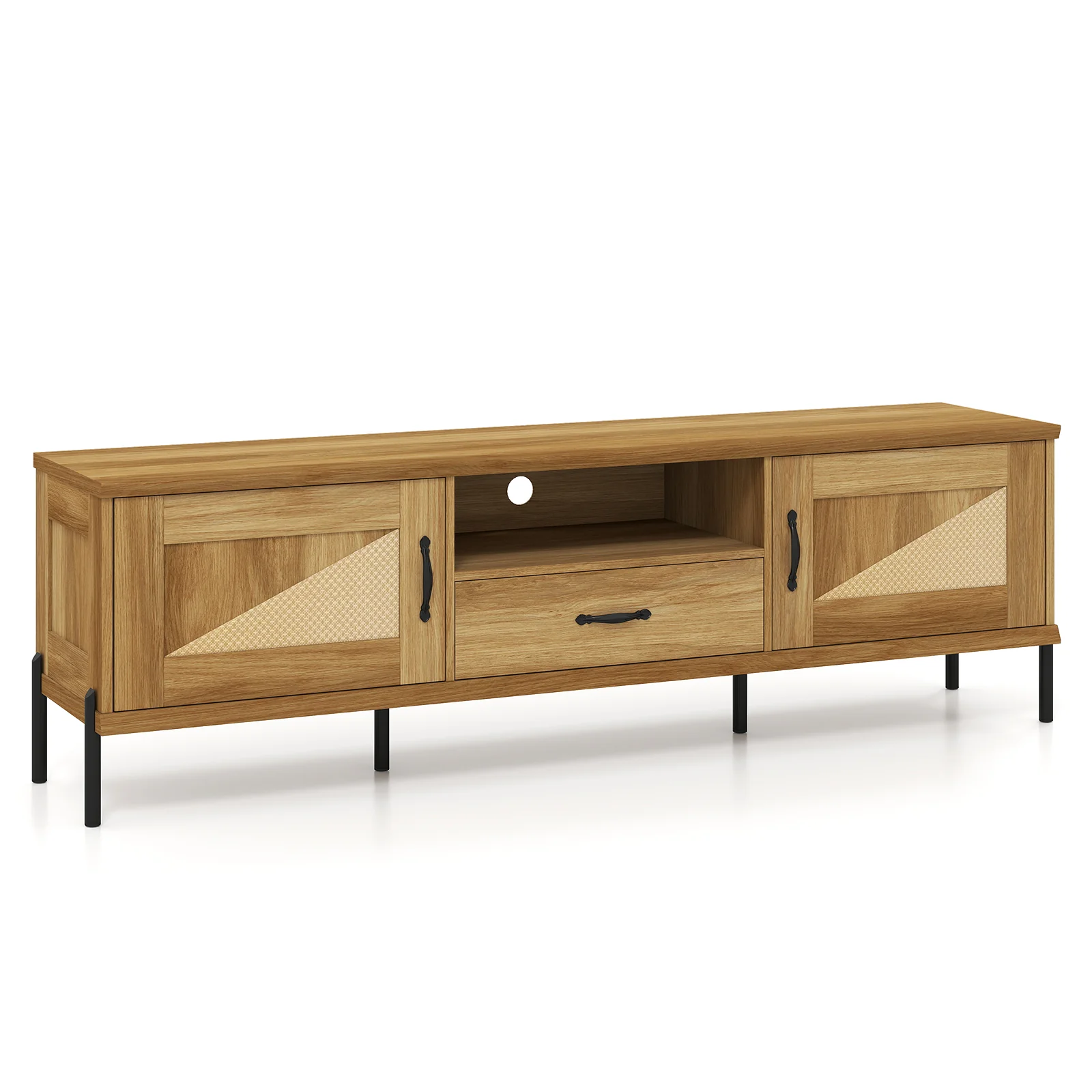 Rattan TV Stand, 80 Inch, Mid Century Modern, 2 Storage Cabinets, Natural - Image 4