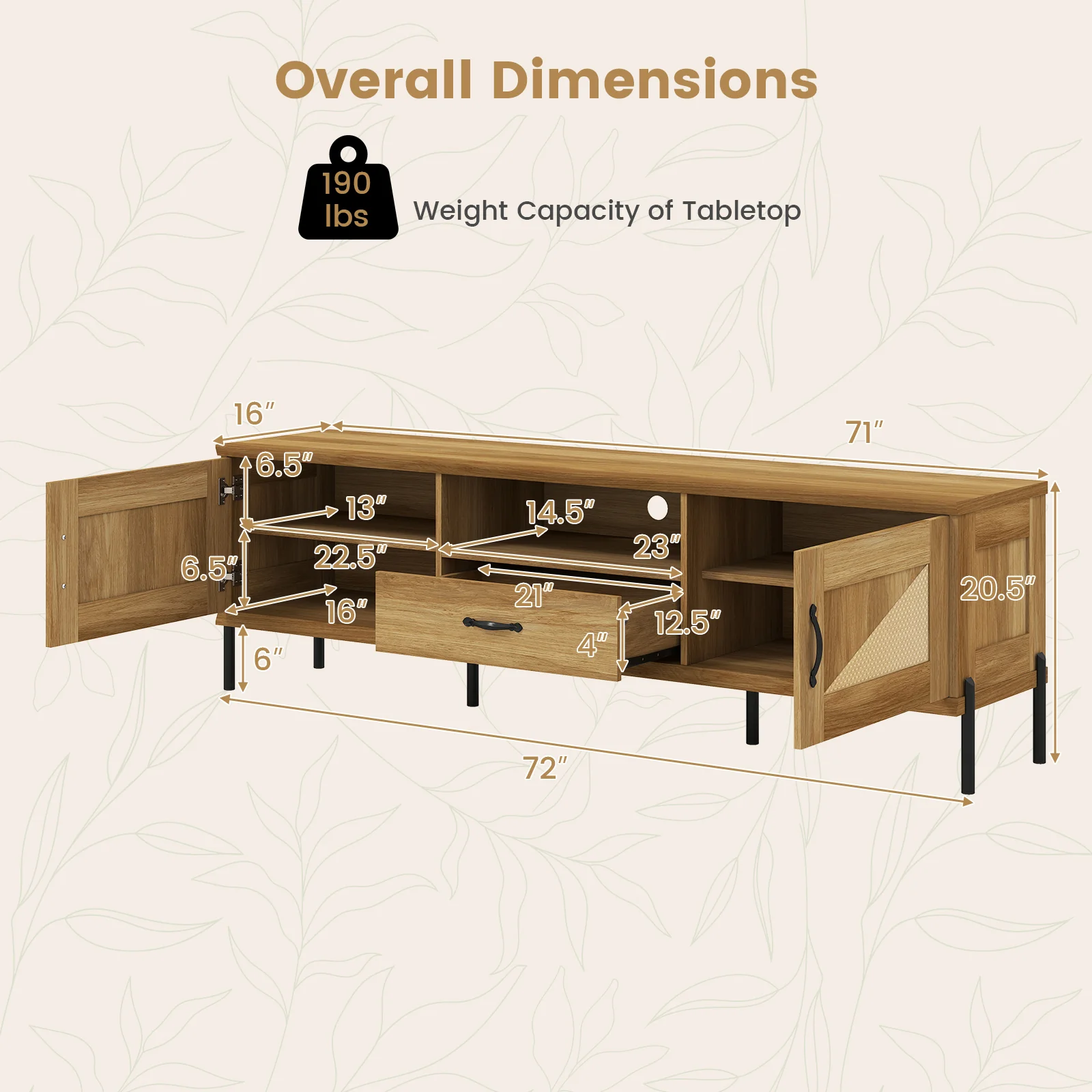 Rattan TV Stand, 80 Inch, Mid Century Modern, 2 Storage Cabinets, Natural - Image 5
