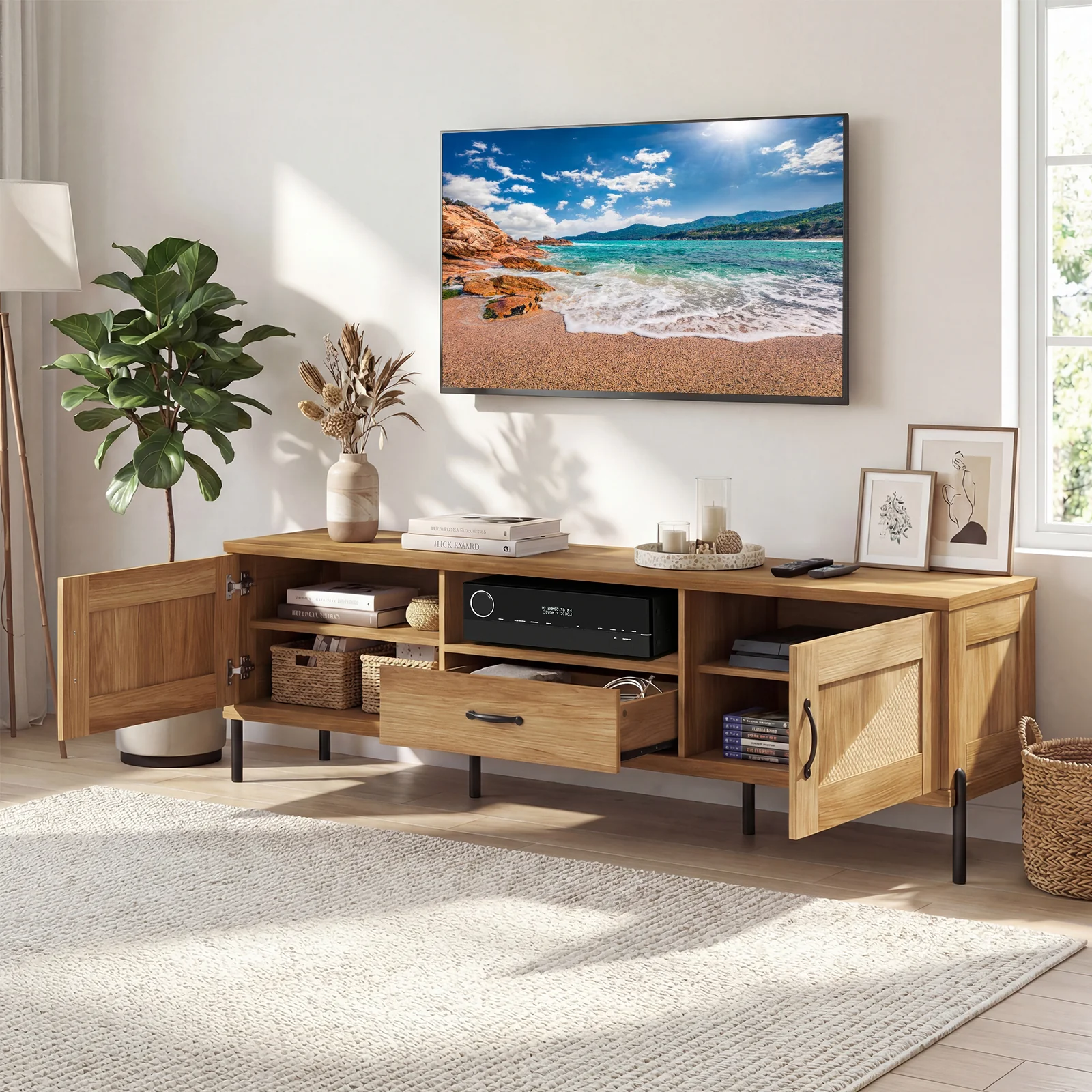 Rattan TV Stand, 80 Inch, Mid Century Modern, 2 Storage Cabinets, Natural - Image 6