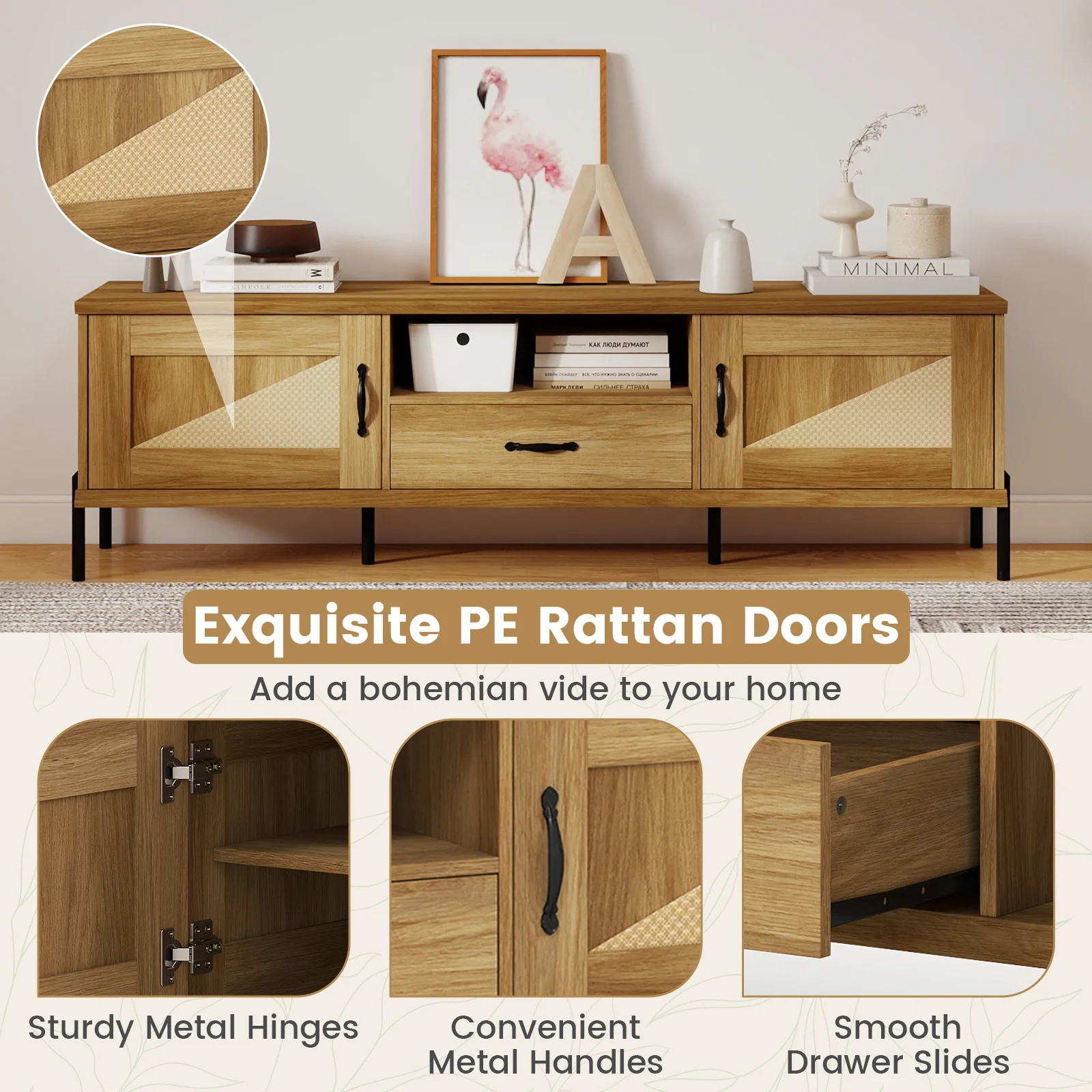 Rattan TV Stand, 80 Inch, Mid Century Modern, 2 Storage Cabinets, Natural - Image 7