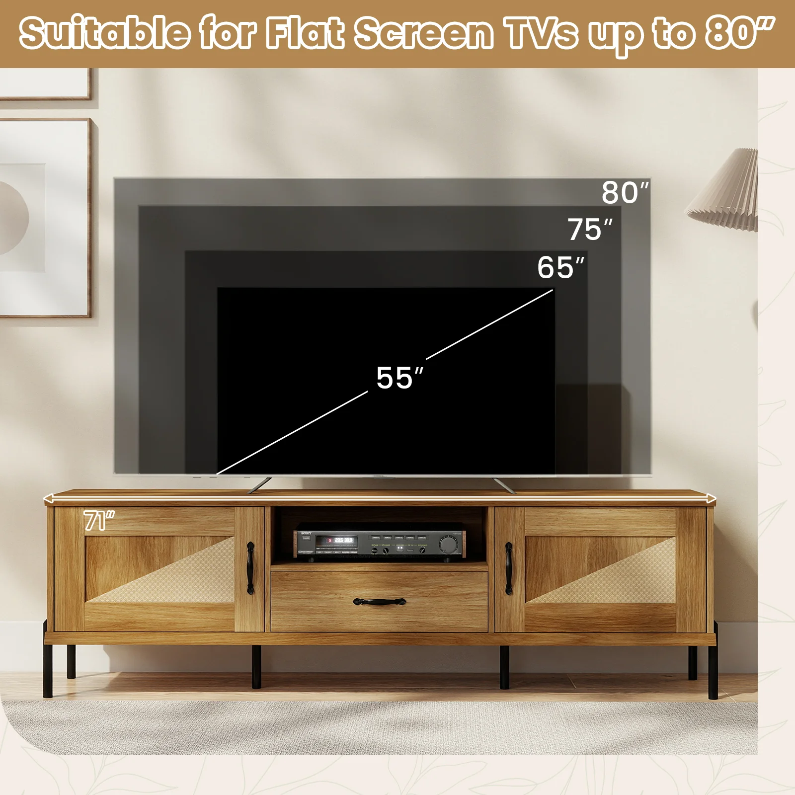Rattan TV Stand, 80 Inch, Mid Century Modern, 2 Storage Cabinets, Natural - Image 9