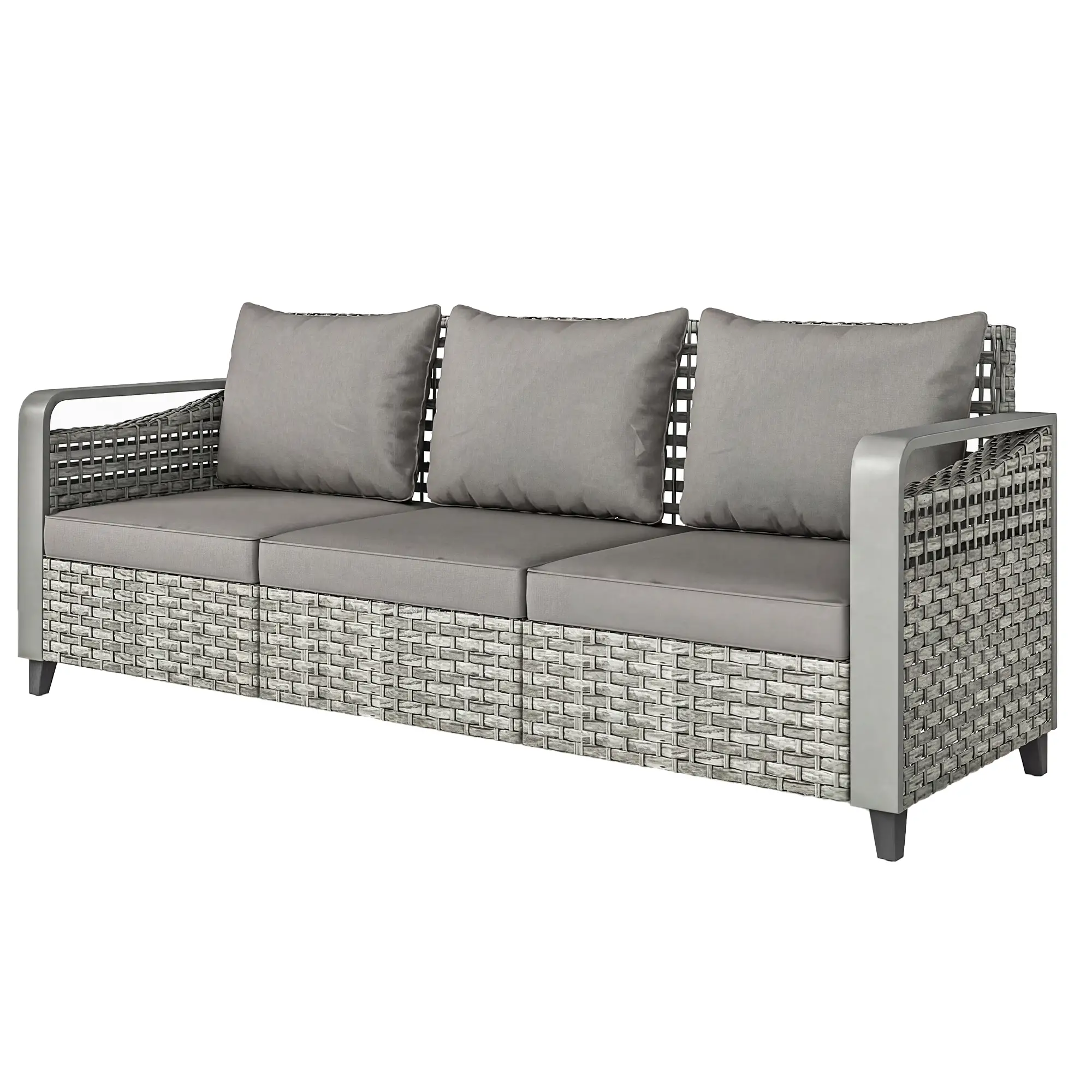 Rattan Wicker Sofa, 3-Seater Outdoor Couch With Cushions, Grey