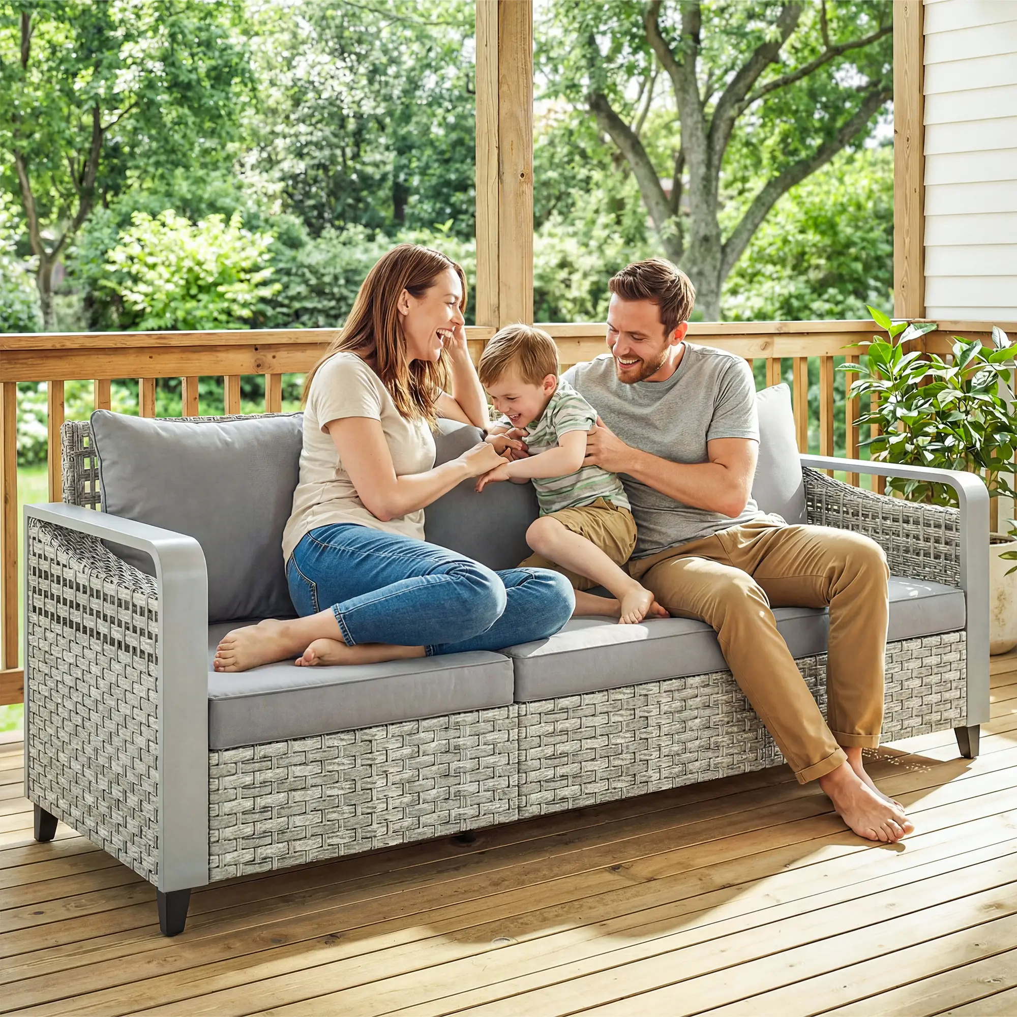 Rattan Wicker Sofa, 3-Seater Outdoor Couch With Cushions, Grey - Image 10