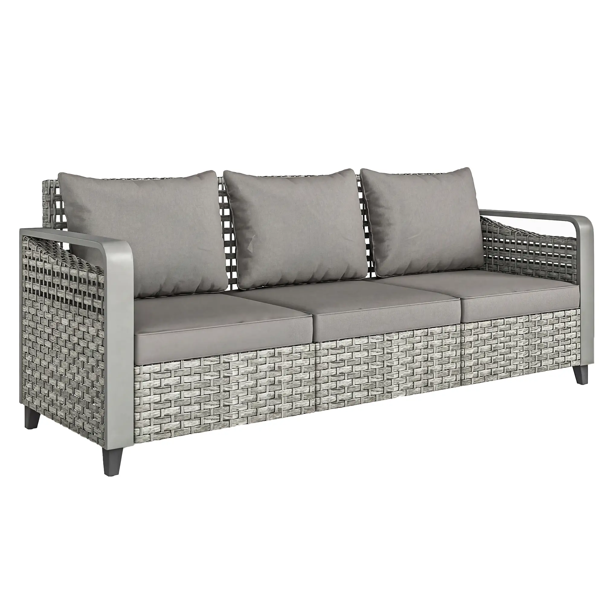 Rattan Wicker Sofa, 3-Seater Outdoor Couch With Cushions, Grey - Image 11