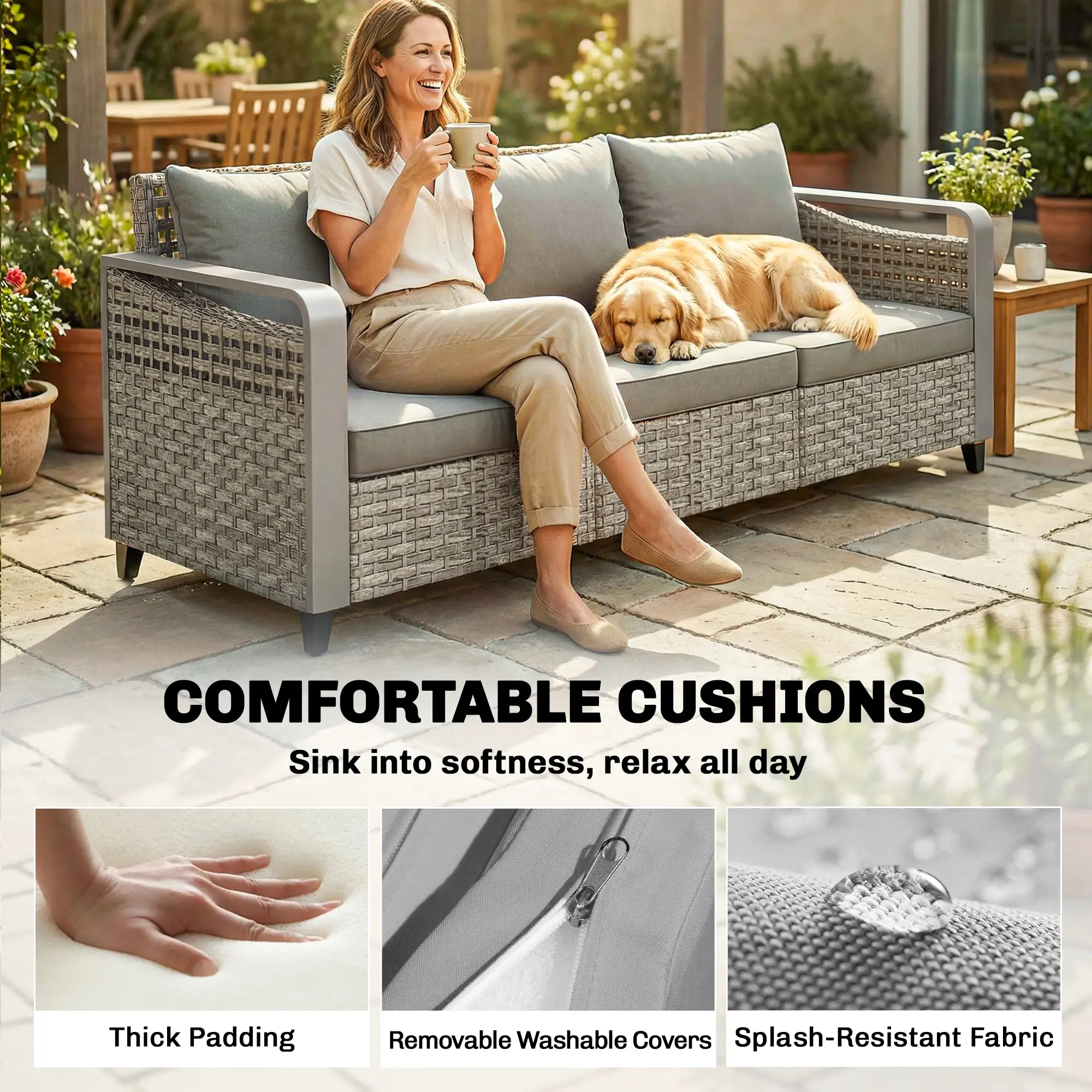 Rattan Wicker Sofa, 3-Seater Outdoor Couch With Cushions, Grey - Image 7