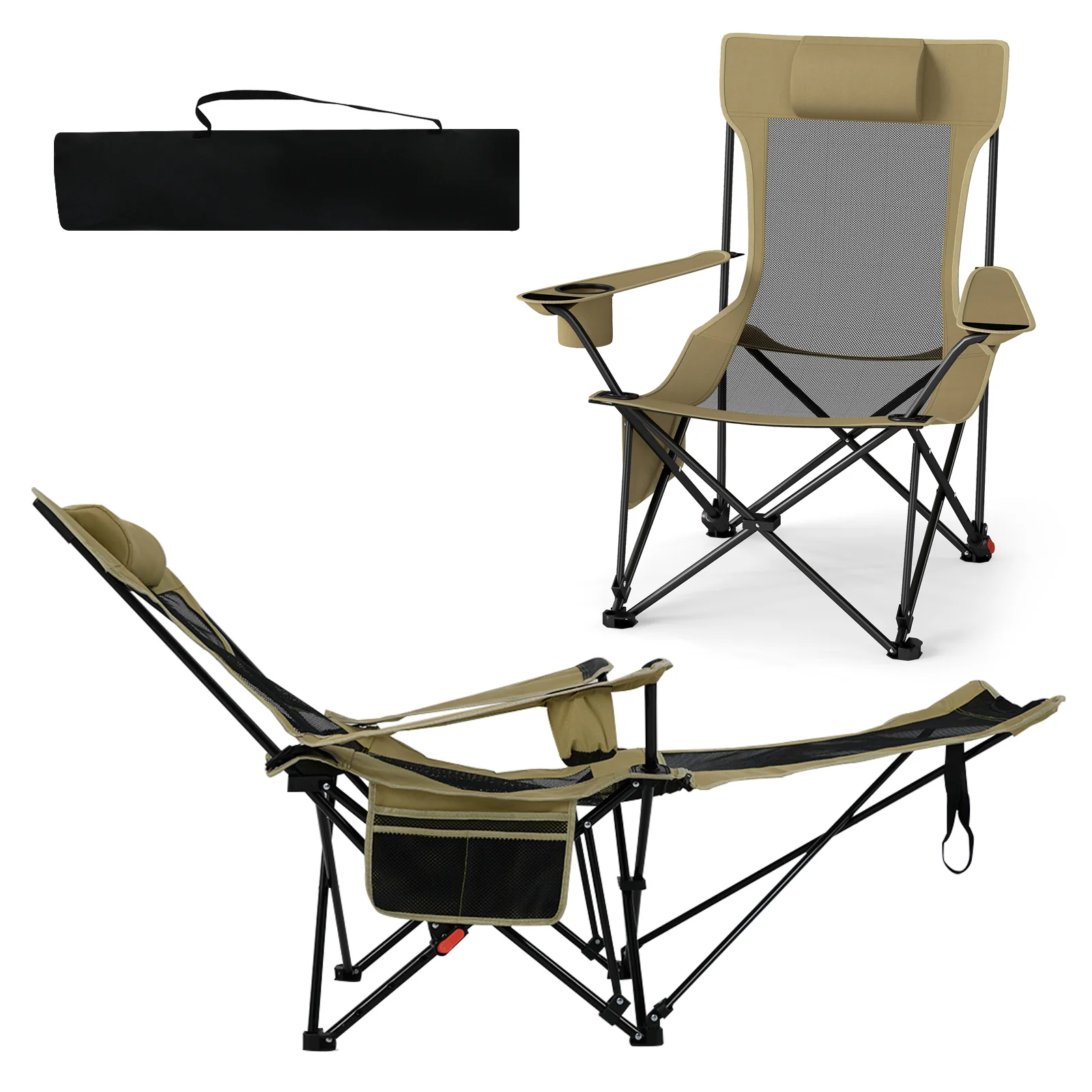 Reclining Camping Chair, Removable Footrest, Adjustable Backrest, Green