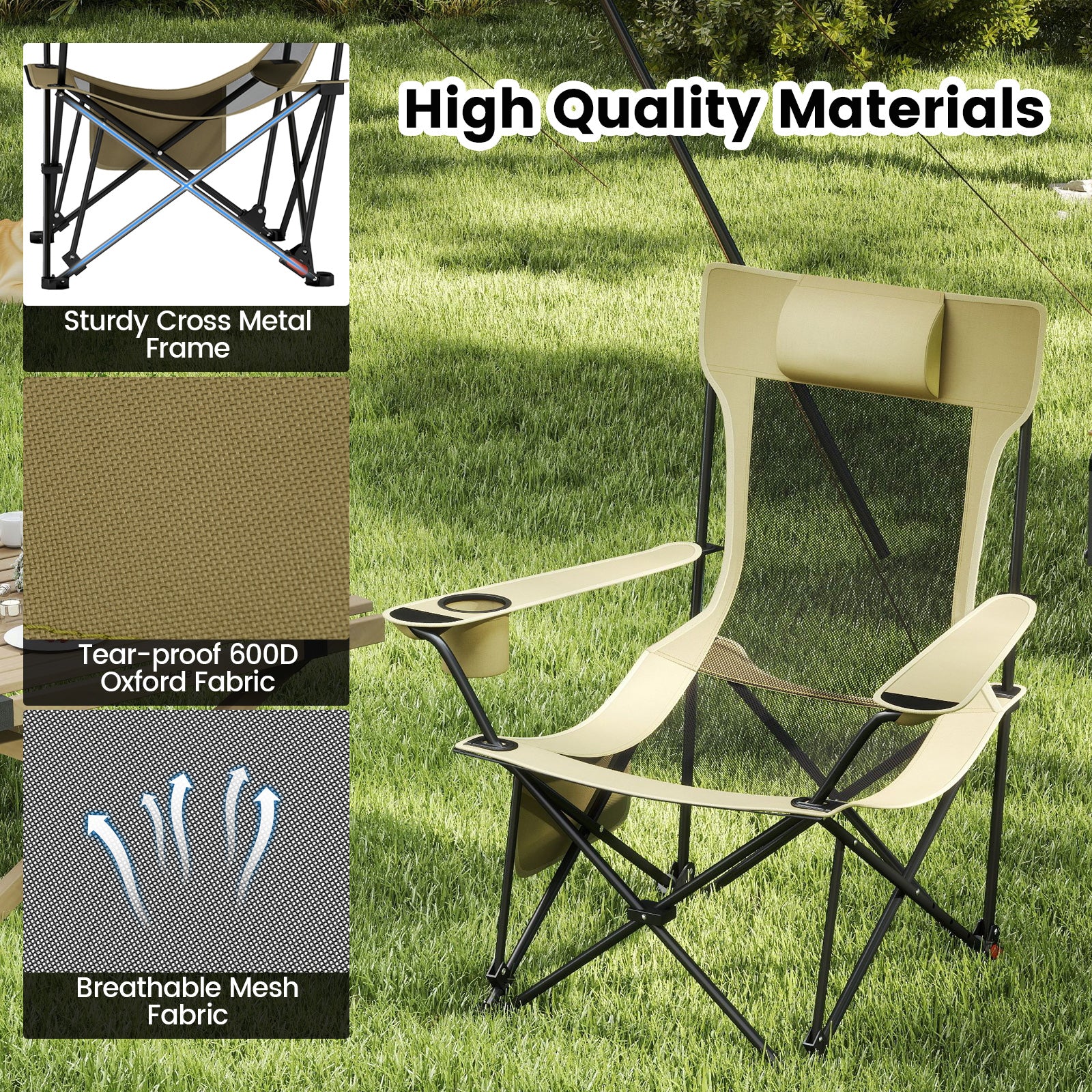 Reclining Camping Chair, Removable Footrest, Adjustable Backrest, Green - Image 10