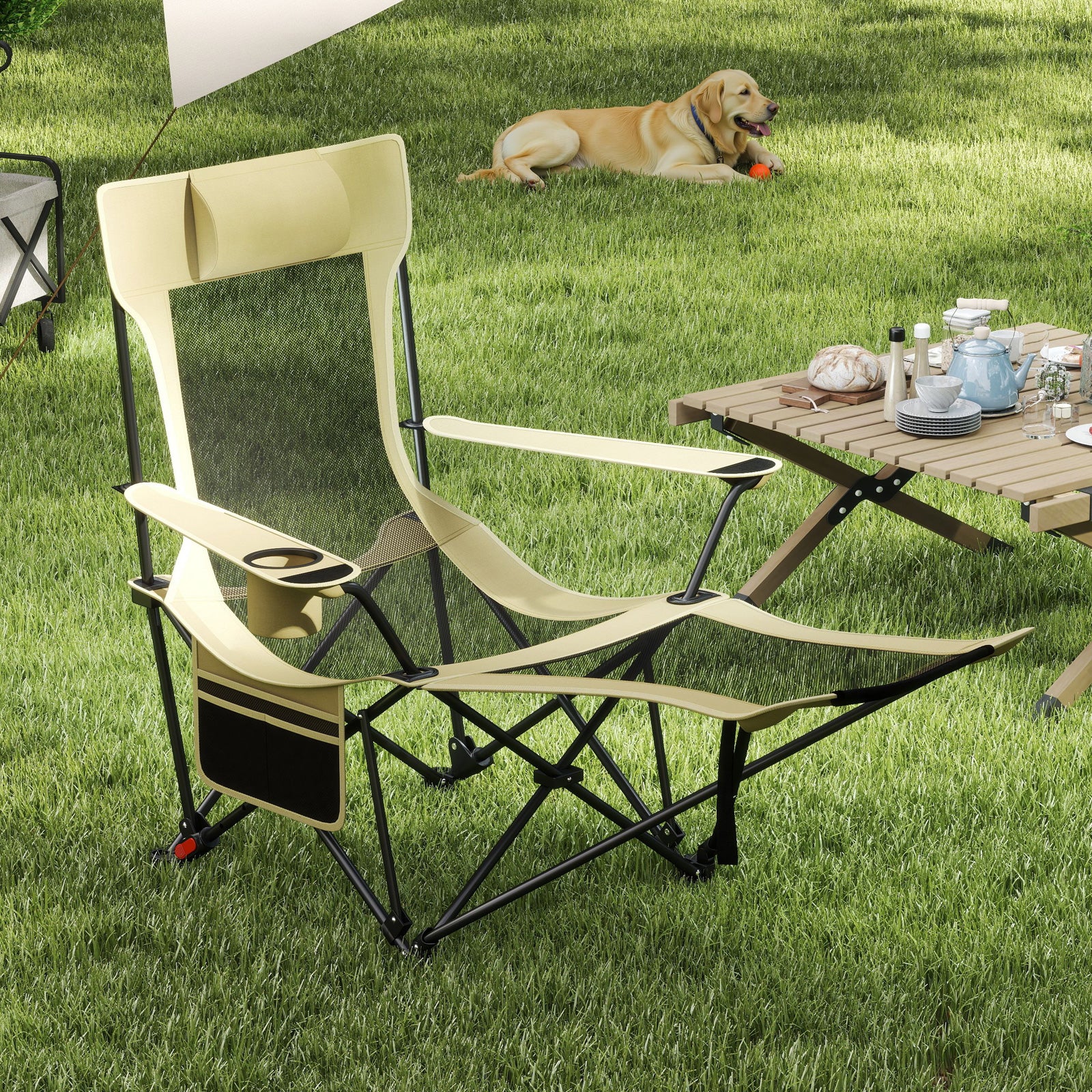 Reclining Camping Chair, Removable Footrest, Adjustable Backrest, Green - Image 2