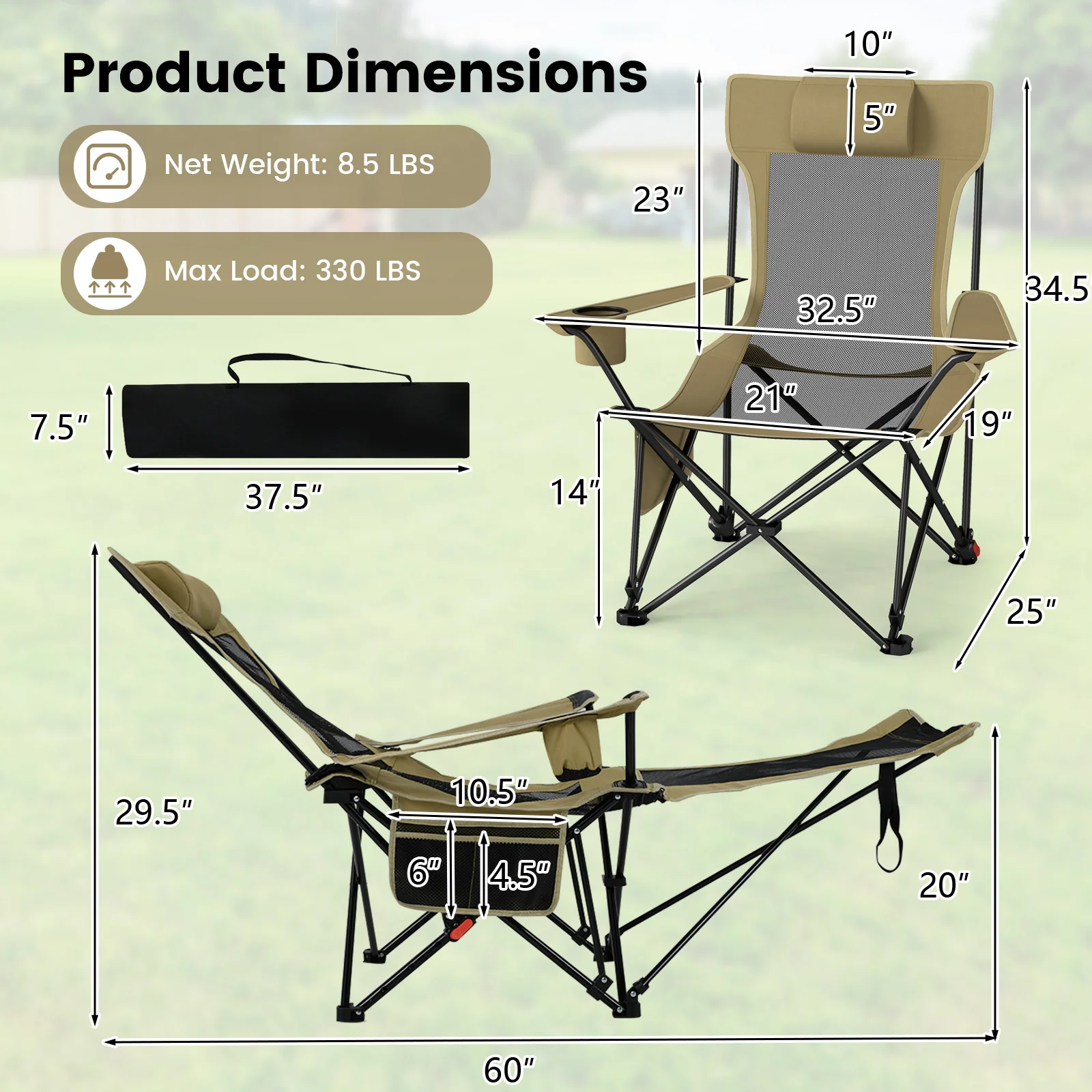 Reclining Camping Chair, Removable Footrest, Adjustable Backrest, Green - Image 6