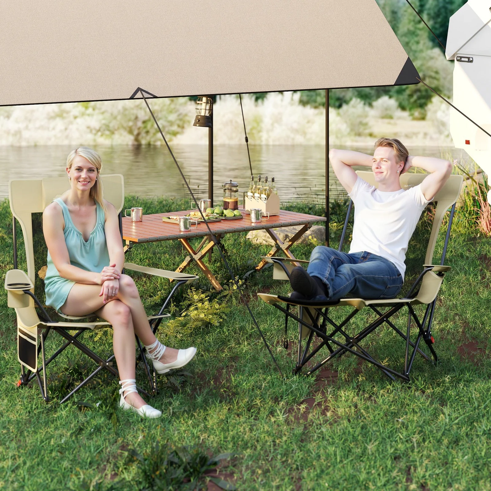 Reclining Camping Chair, Removable Footrest, Adjustable Backrest, Green - Image 7