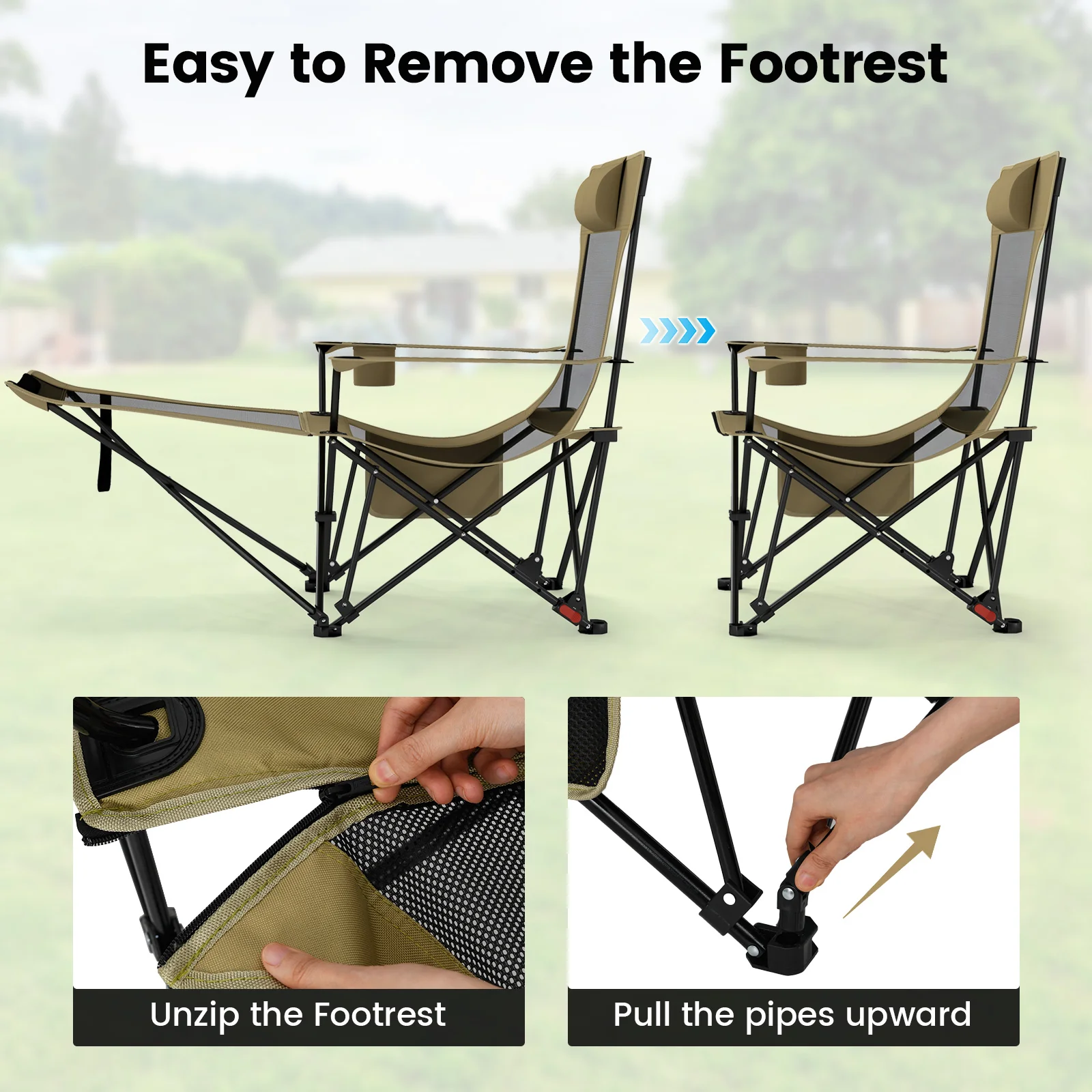 Reclining Camping Chair, Removable Footrest, Adjustable Backrest, Green - Image 8